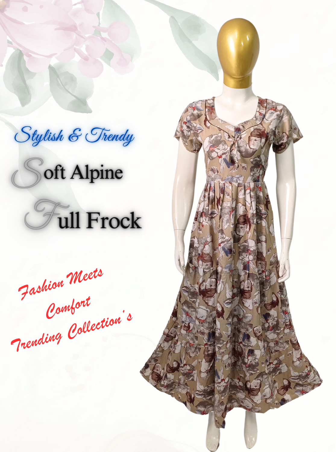 Fresh Arrivals MANGAI Alpine FULL FROCK Model Nighties | Beautiful Stylish Frock Style | Stylish Fancy Sleeves | Side Pocket | Perfect Nightwear Trendy Women's (FRK)