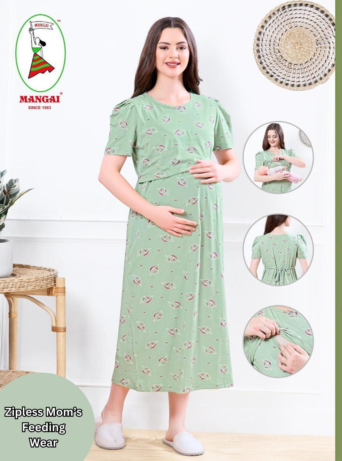 MANGAI HOSIERY Cotton Zipless Feeding Wear | Fancy Sleeve with Round Neck | Flap Open Zipless Feeding wear for Pregnancy Women (MMG)