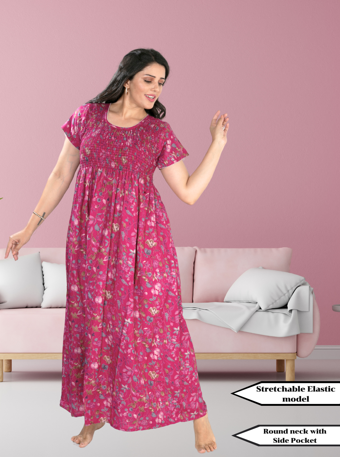 ALPINE Smocking Nighty | Beautiful Pleated Design | Side Pocket | Stylish Nighty for Trendy Women's | Your Perfect Nightwear Collection's (ALS)