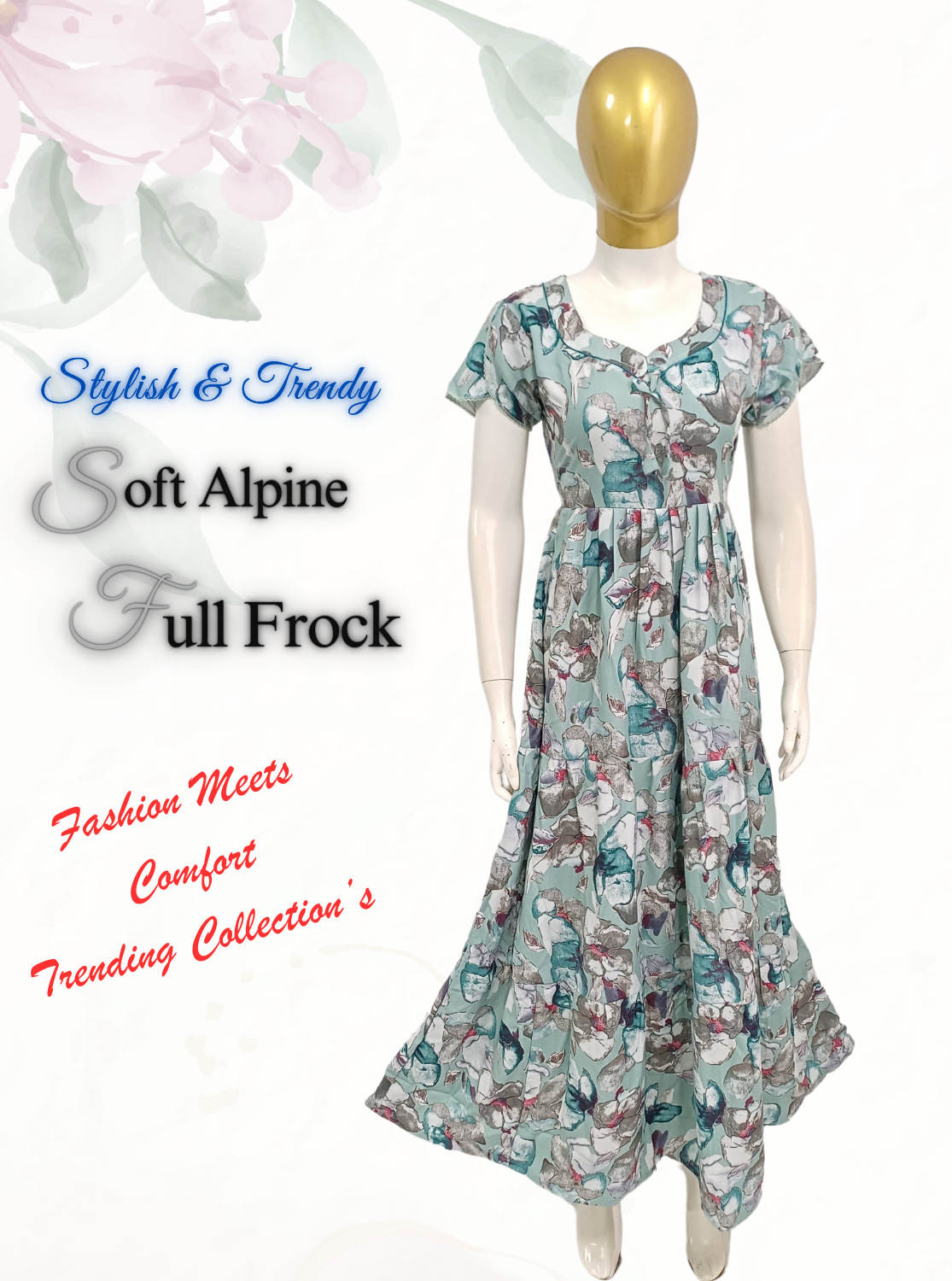 Fresh Arrivals MANGAI Alpine FULL FROCK Model Nighties | Beautiful Stylish Frock Style | Stylish Fancy Sleeves | Side Pocket | Perfect Nightwear Trendy Women's (FRK)