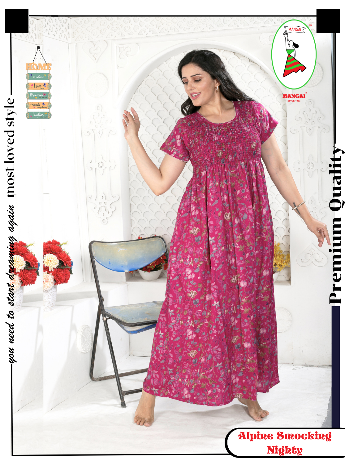 ALPINE Smocking Nighty | Beautiful Pleated Design | Side Pocket | Stylish Nighty for Trendy Women's | Your Perfect Nightwear Collection's (ALS)