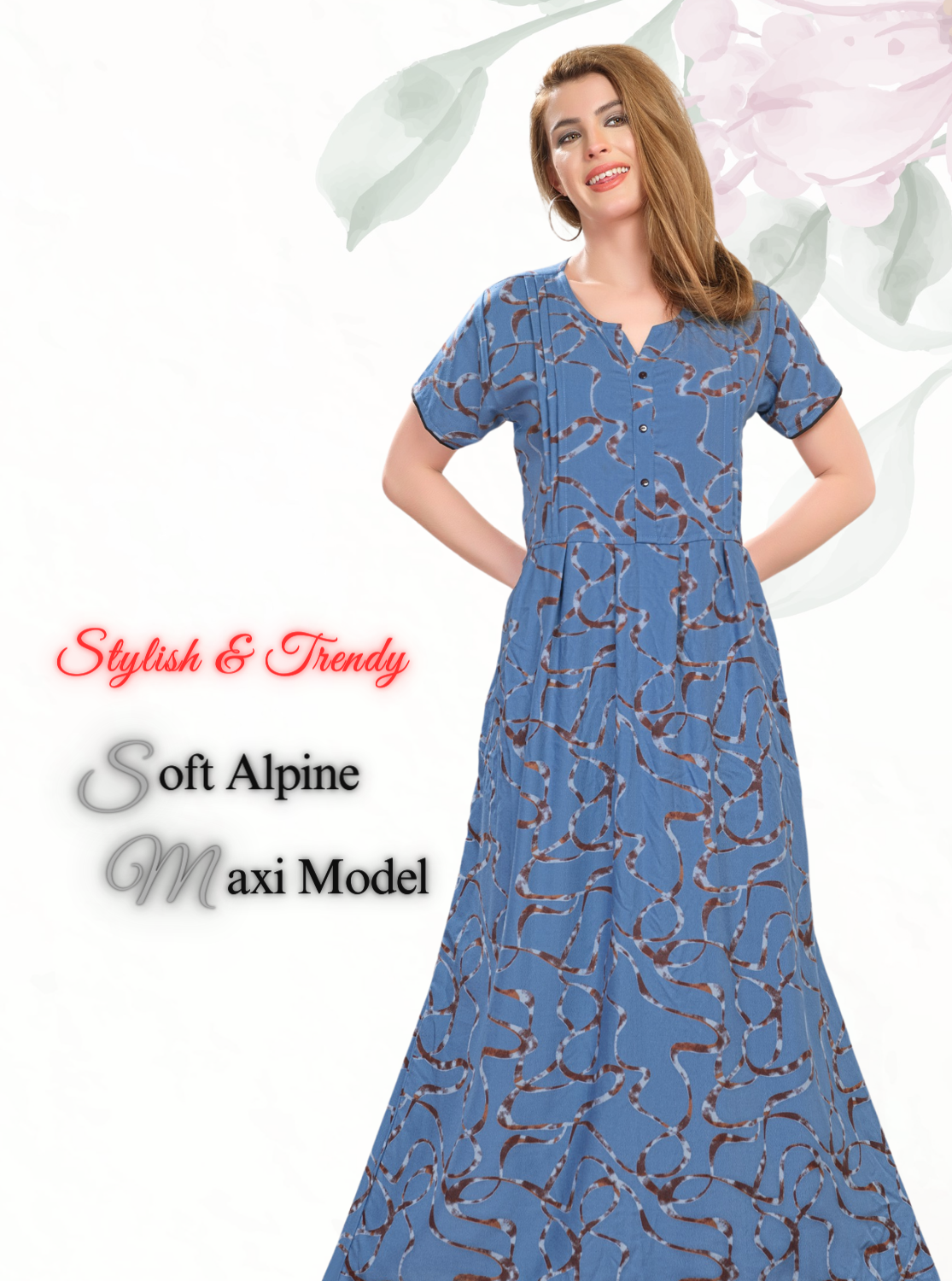 New Arrival MANGAI Premium ALPINE MAXI Model Nighty - Stylish Fancy Maxi Model Nightwear for Stylish Women | Updated Collection's| Beautiful Flared & Pleated Model | Frock Model Nighties for Trendy Women's (HMS)