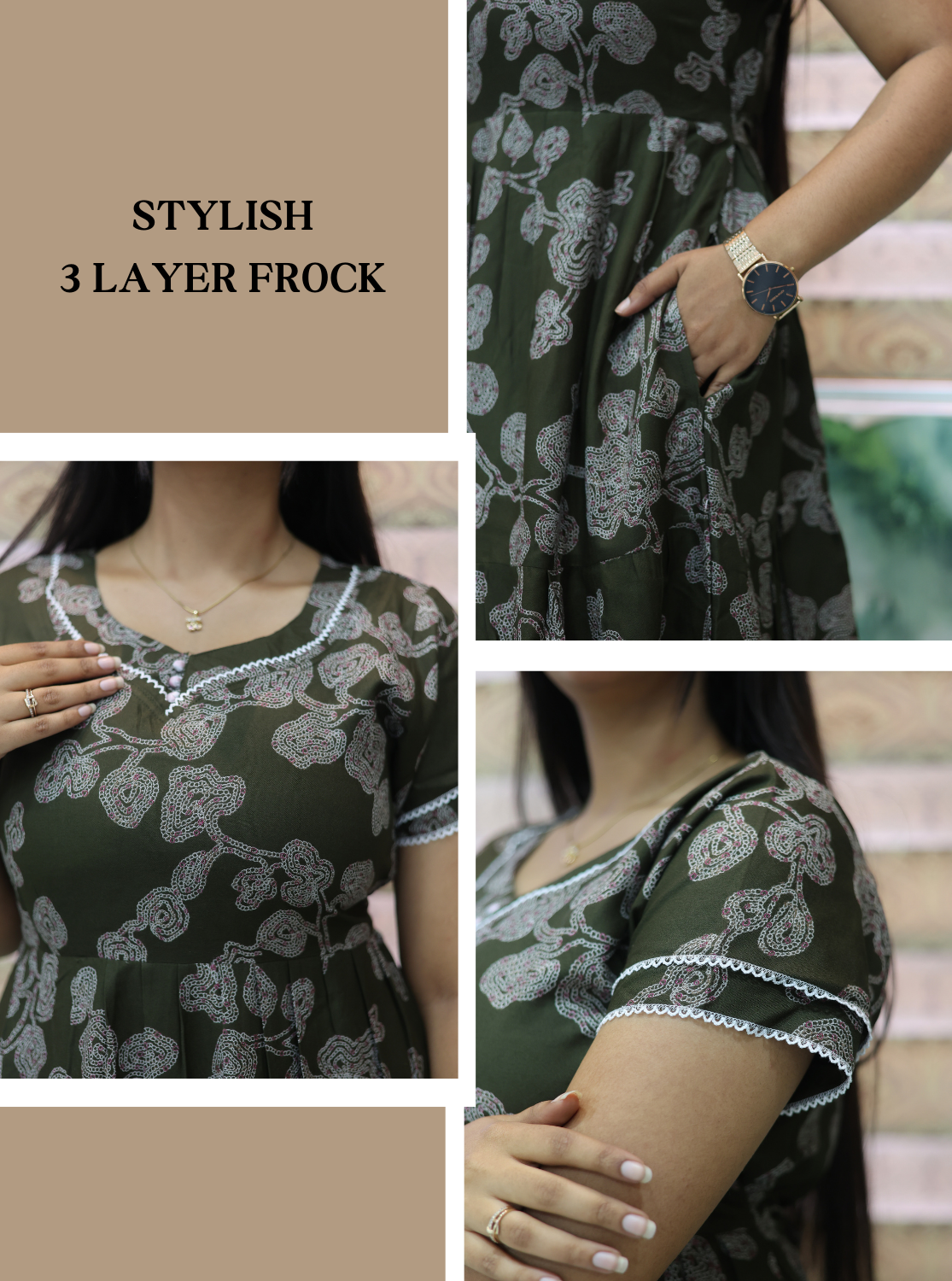 MANGAI New Alpine 3 Layer Frock for Women | Stylish Double Layer Sleeve Nighty with Fancy Neck | Back Tie Rope & Side Pocket | Flared Bottom Full Length Modern Nightwear (AFK)