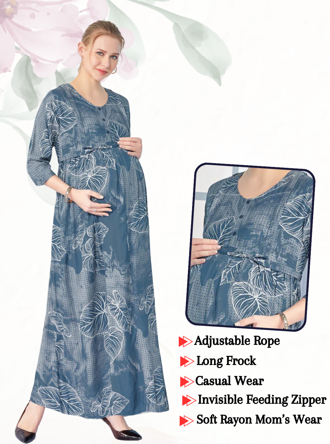 New ArrivalsONLY MINE Premium 4-IN-ONE Mom's Wear - Soft & Smooth Rayon | Maternity | Feeding | Long Frock | Casual Wear for Pregnancy Women's (4-IN-ONE-LFRK)