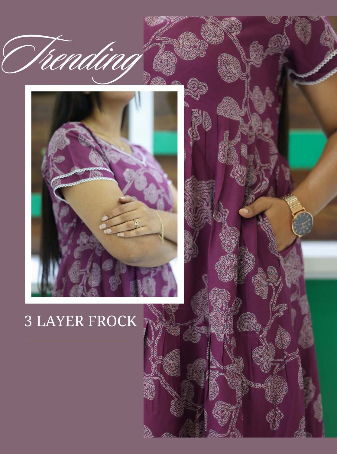 MANGAI New Alpine 3 Layer Frock for Women | Stylish Double Layer Sleeve Nighty with Fancy Neck | Back Tie Rope & Side Pocket | Flared Bottom Full Length Modern Nightwear (AFK)