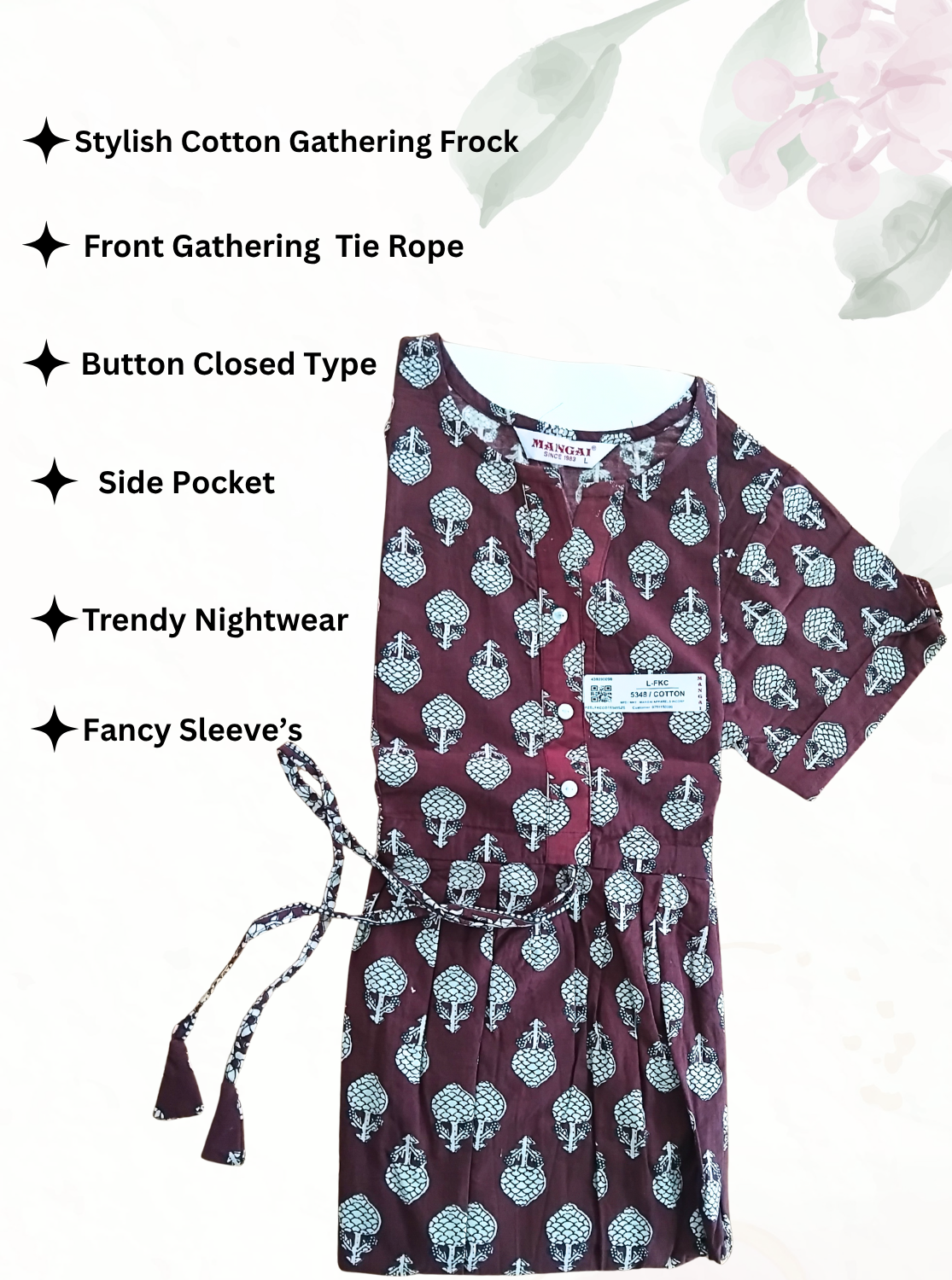 Cotton Gathering Frock for Summer Arrivals | Side Pocket | Button Closed | Elegant Casual Night Wear for Trendy Women's (CFK)