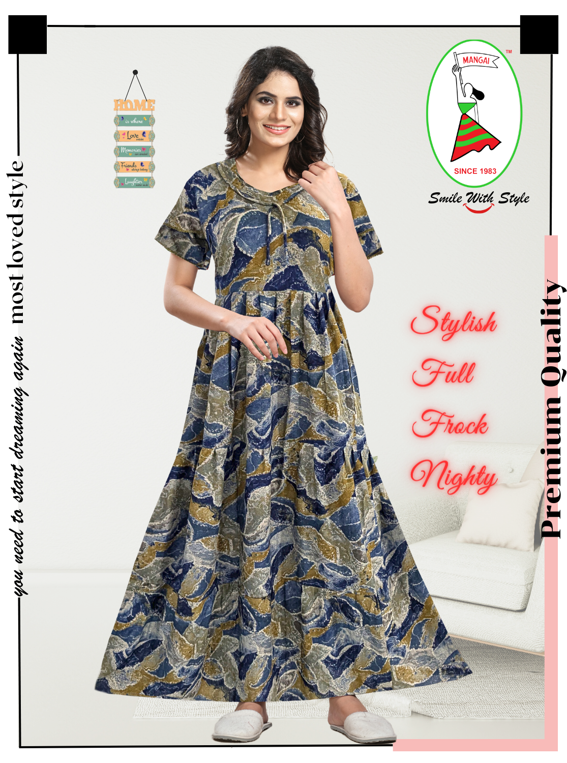 Fresh Arrivals MANGAI Alpine FULL FROCK Model Nighties | Beautiful Stylish Frock Style | Stylish Fancy Sleeves | Side Pocket | Perfect Nightwear Trendy Women's (FRK)