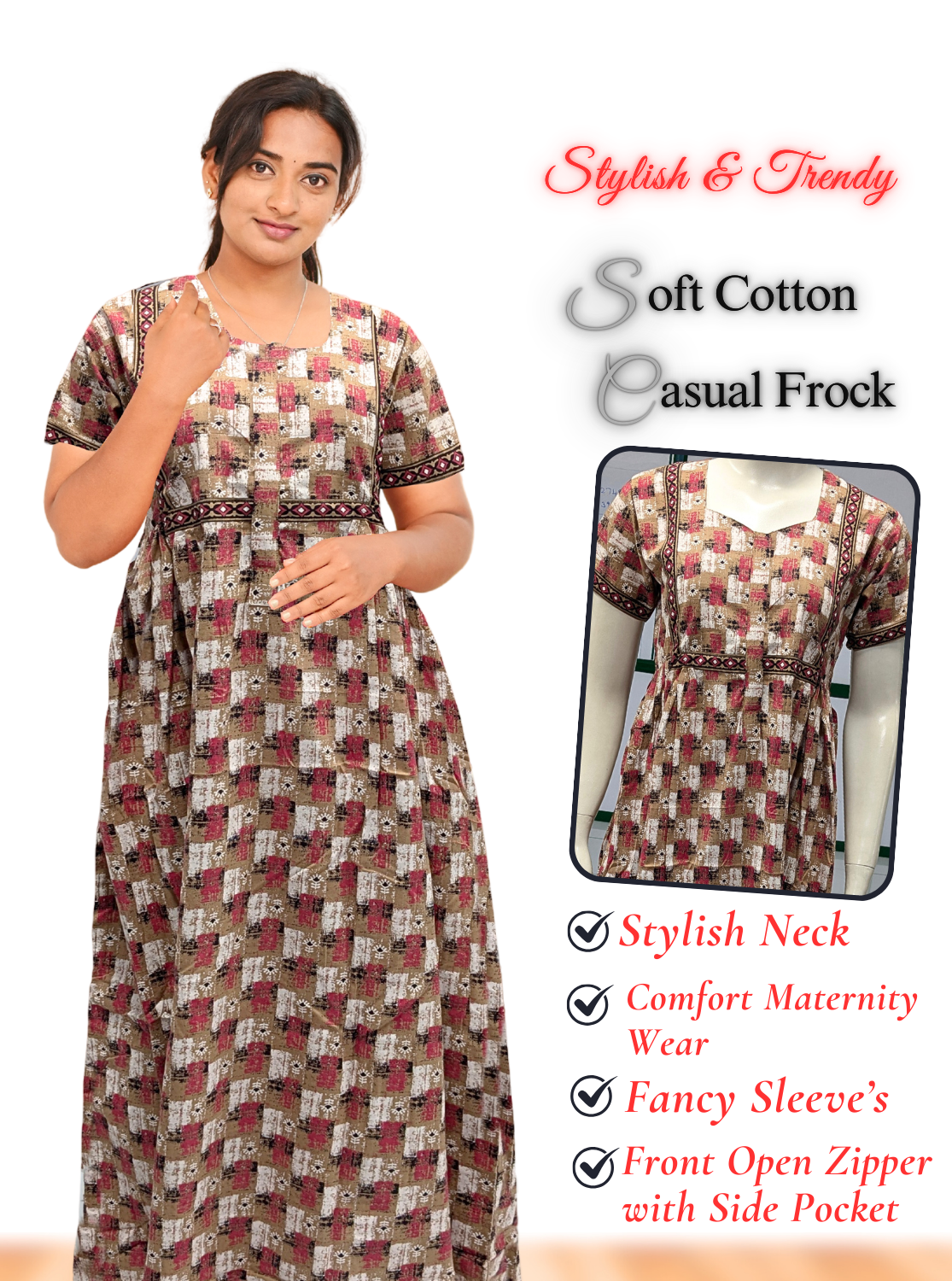 MANGAI Premium Casual Wear Cotton FROCK Model Nighties | Stylish Pleated Frock Style | Multipurpose Nighties | Casual & Pregnancy Wear | Pleated Model | Stylish Nighties for Stylish Women (MW)