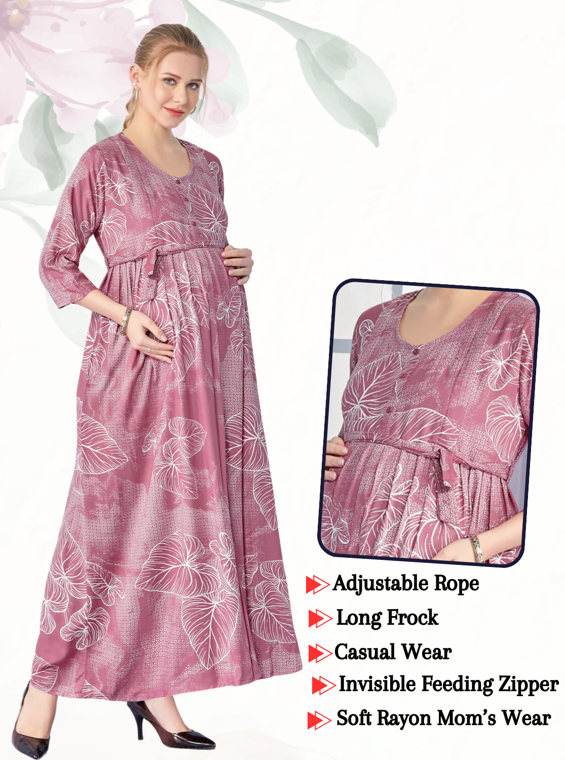 New ArrivalsONLY MINE Premium 4-IN-ONE Mom's Wear - Soft & Smooth Rayon | Maternity | Feeding | Long Frock | Casual Wear for Pregnancy Women's (4-IN-ONE-LFRK)