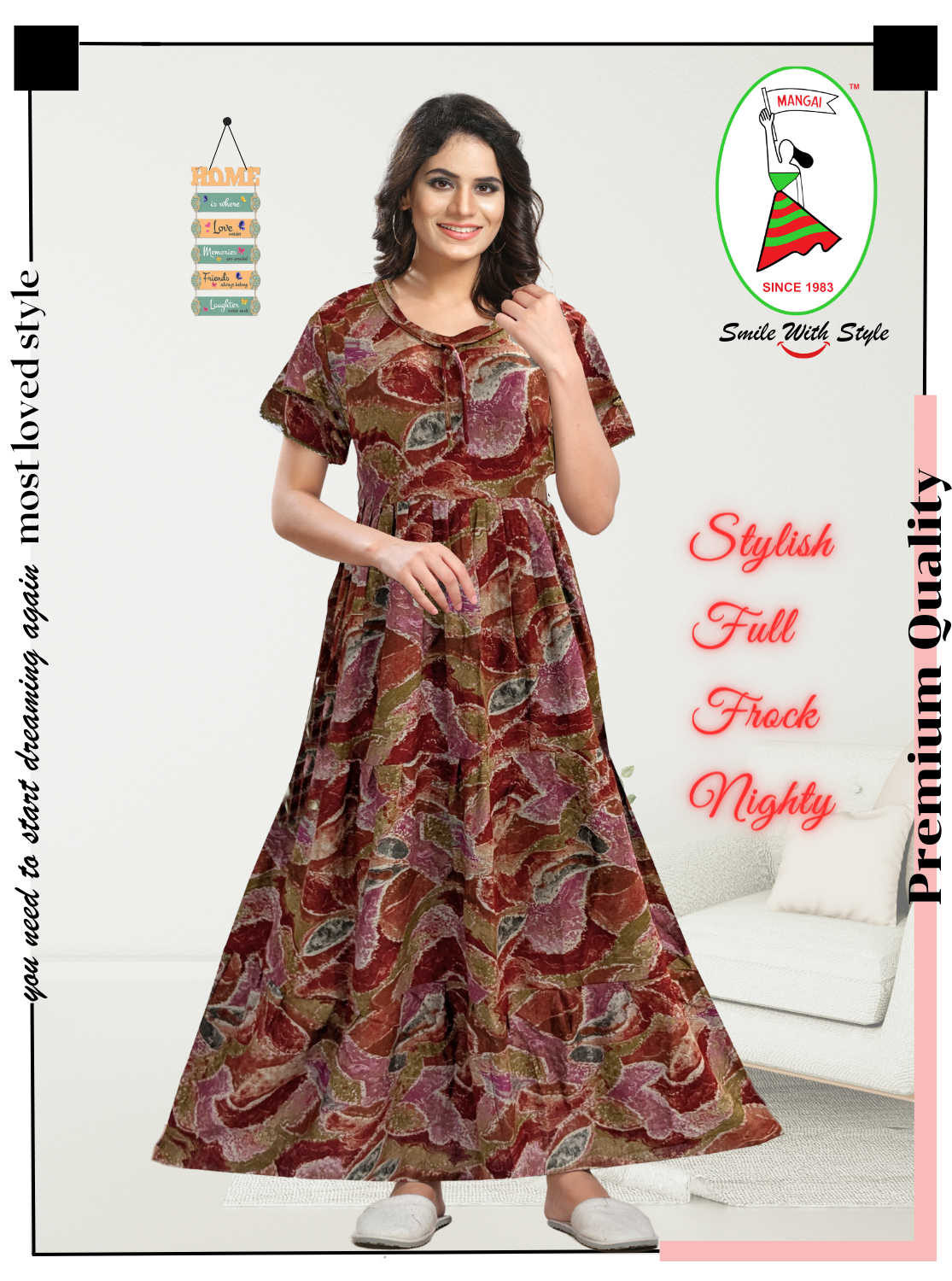 Fresh Arrivals MANGAI Alpine FULL FROCK Model Nighties | Beautiful Stylish Frock Style | Stylish Fancy Sleeves | Side Pocket | Perfect Nightwear Trendy Women's (FRK)