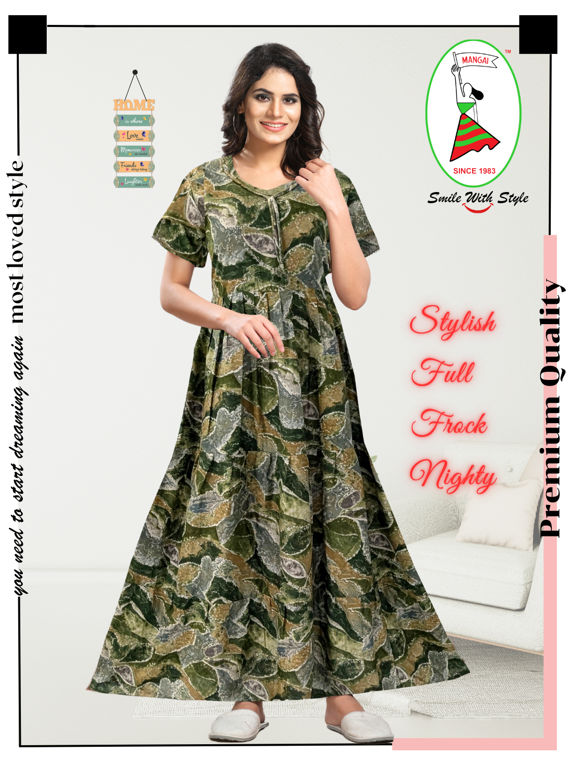 Fresh Arrivals MANGAI Alpine FULL FROCK Model Nighties | Beautiful Stylish Frock Style | Stylish Fancy Sleeves | Side Pocket | Perfect Nightwear Trendy Women's (FRK)