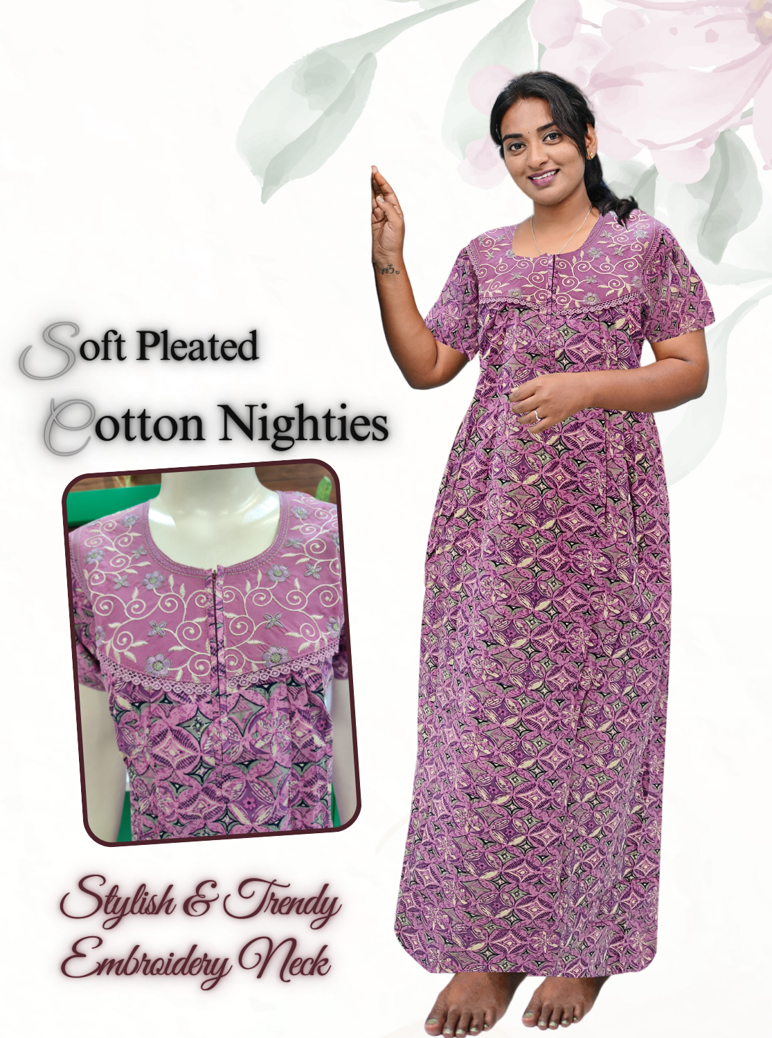 MANGAI New Collection Premium Cotton Embroidery Printed Nighties- All Over Printed Stylish Nightwear for Stylish Women | Trendy Embroidery Neck | Pleated Model (CPL)