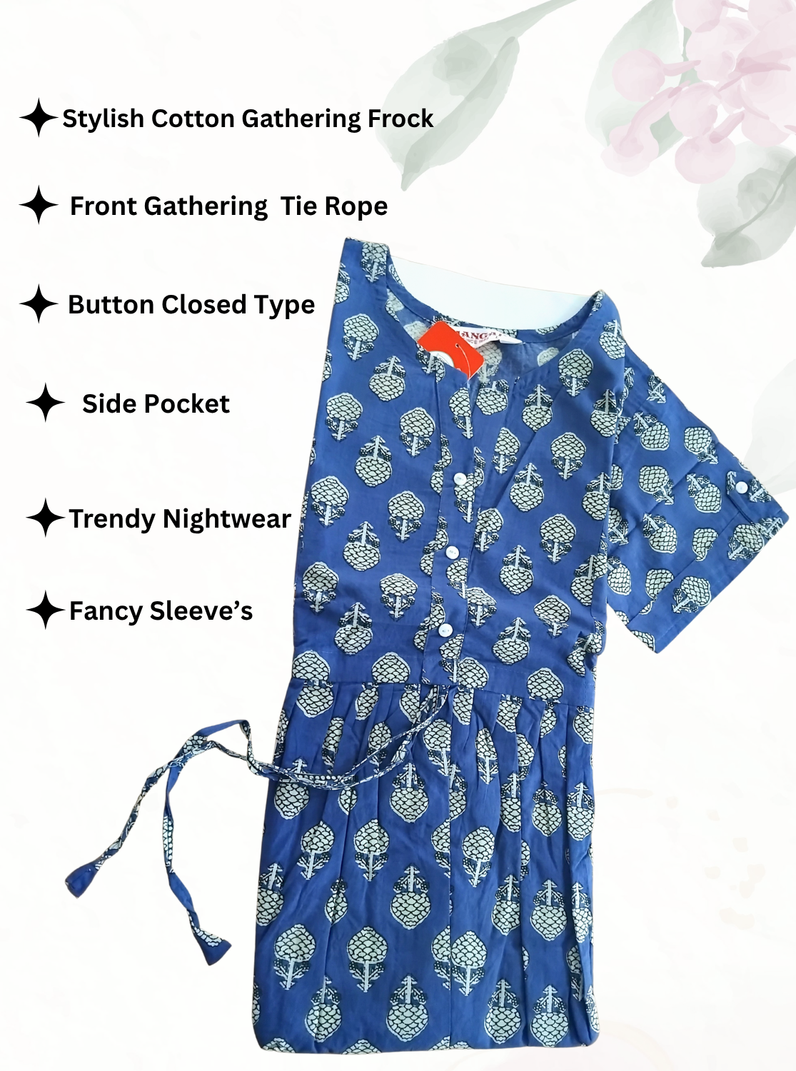 Cotton Gathering Frock for Summer Arrivals | Side Pocket | Button Closed | Elegant Casual Night Wear for Trendy Women's (CFK)
