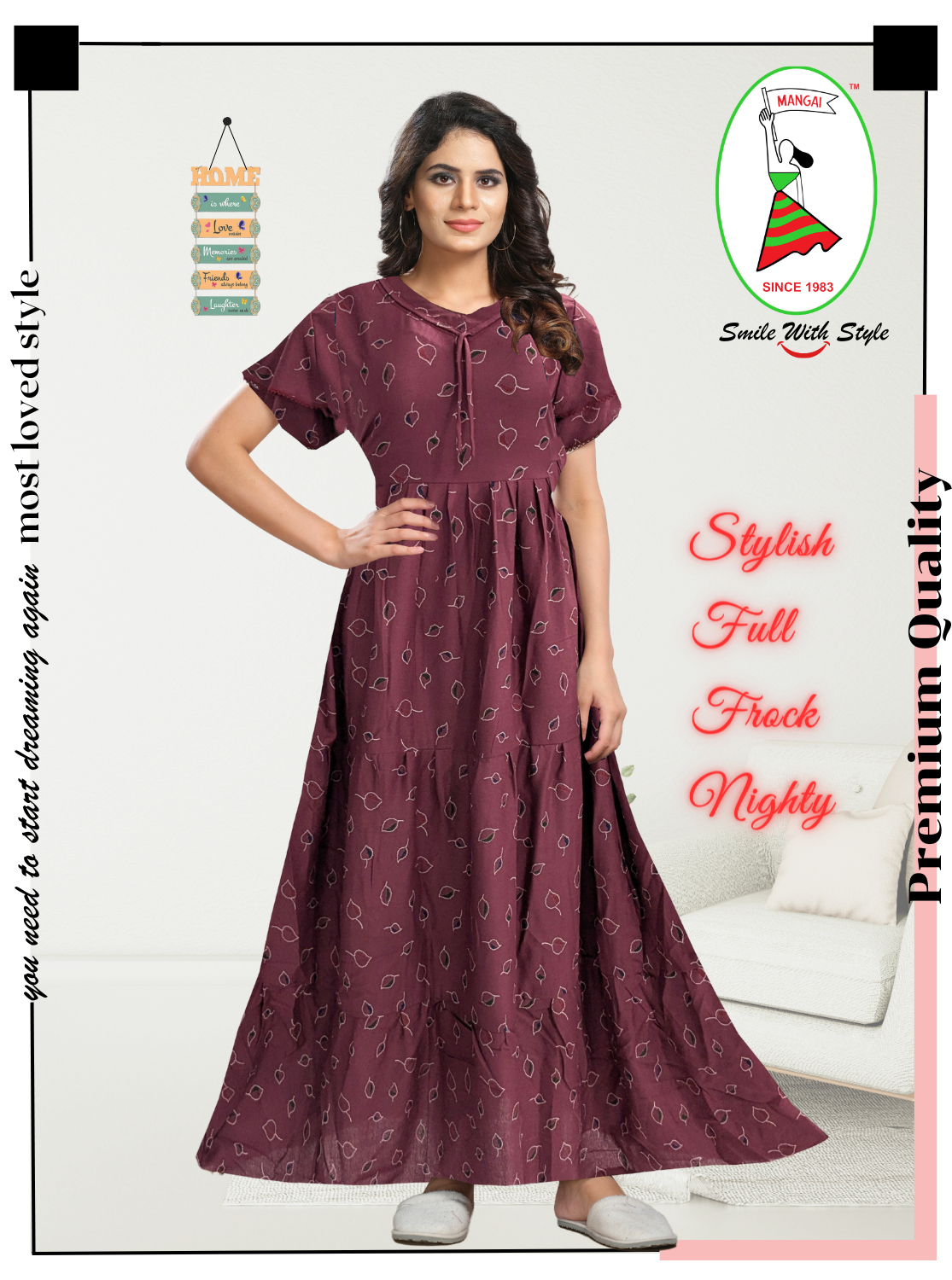 Fresh Arrivals MANGAI Alpine FULL FROCK Model Nighties | Beautiful Stylish Frock Style | Stylish Fancy Sleeves | Side Pocket | Perfect Nightwear Trendy Women's (FRK)