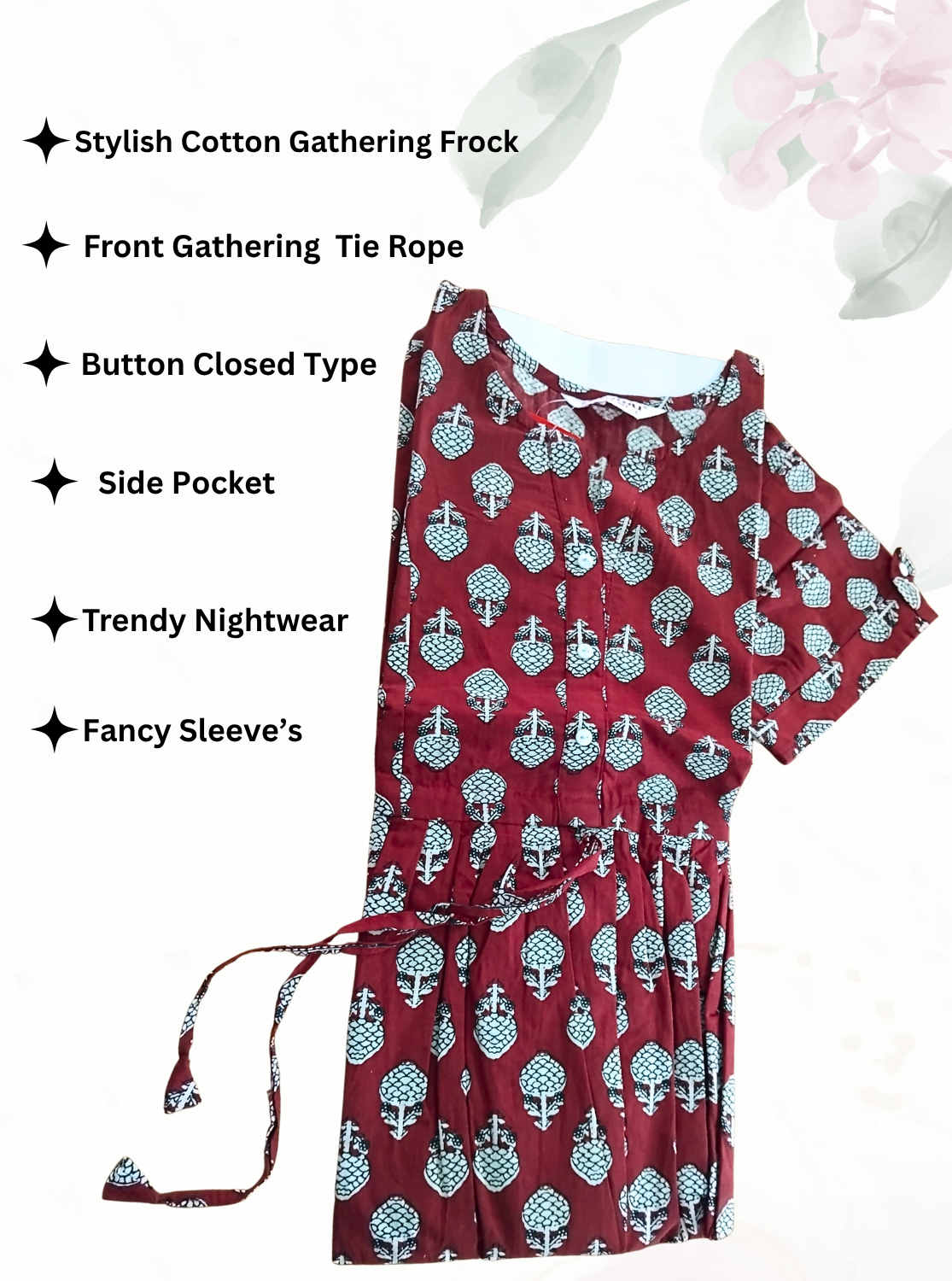 Cotton Gathering Frock for Summer Arrivals | Side Pocket | Button Closed | Elegant Casual Night Wear for Trendy Women's (CFK)