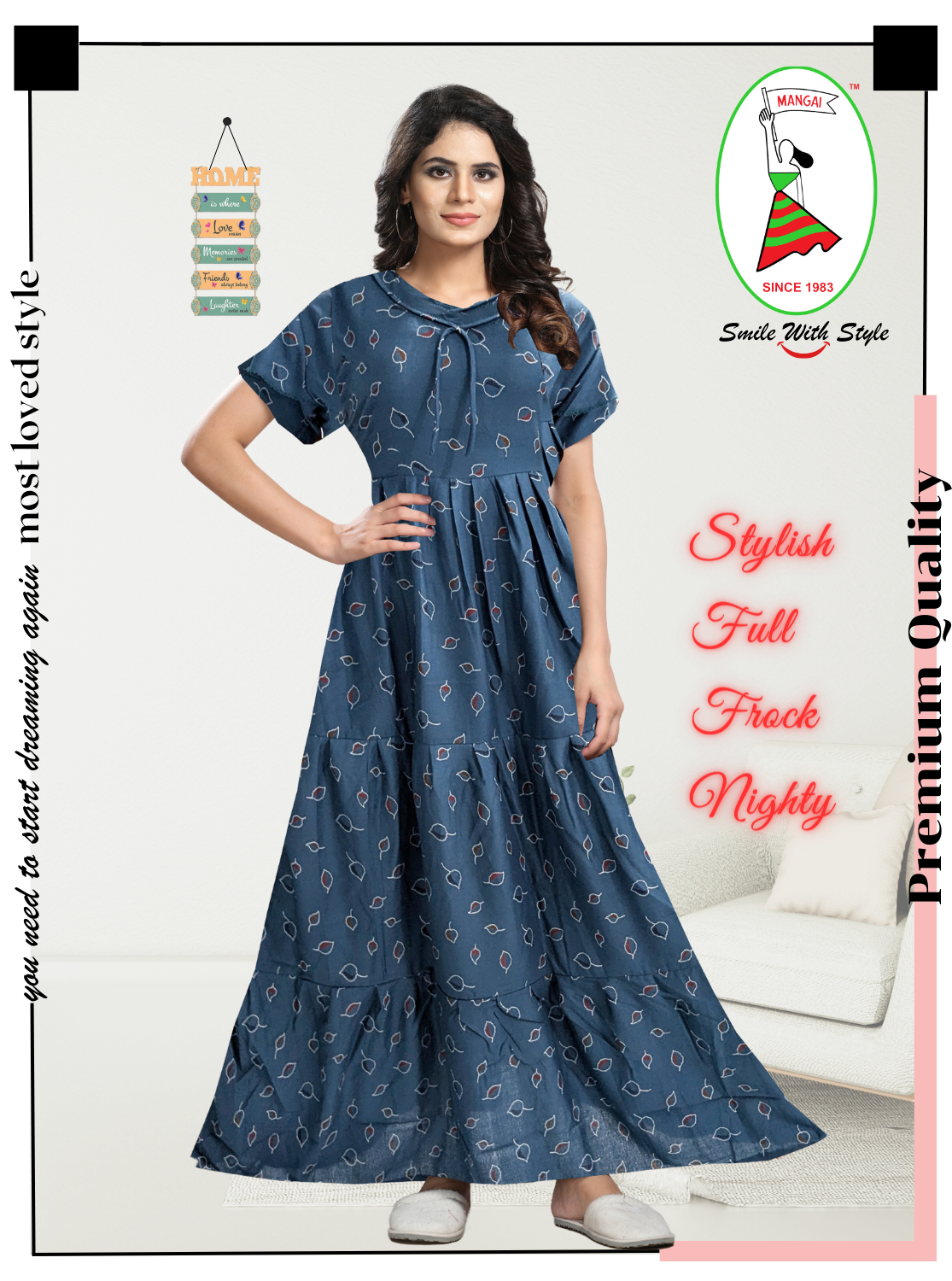 Fresh Arrivals MANGAI Alpine FULL FROCK Model Nighties | Beautiful Stylish Frock Style | Stylish Fancy Sleeves | Side Pocket | Perfect Nightwear Trendy Women's (FRK)