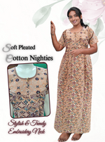 MANGAI New Collection Premium Cotton Embroidery Printed Nighties- All Over Printed Stylish Nightwear for Stylish Women | Trendy Embroidery Neck | Pleated Model (CPL)