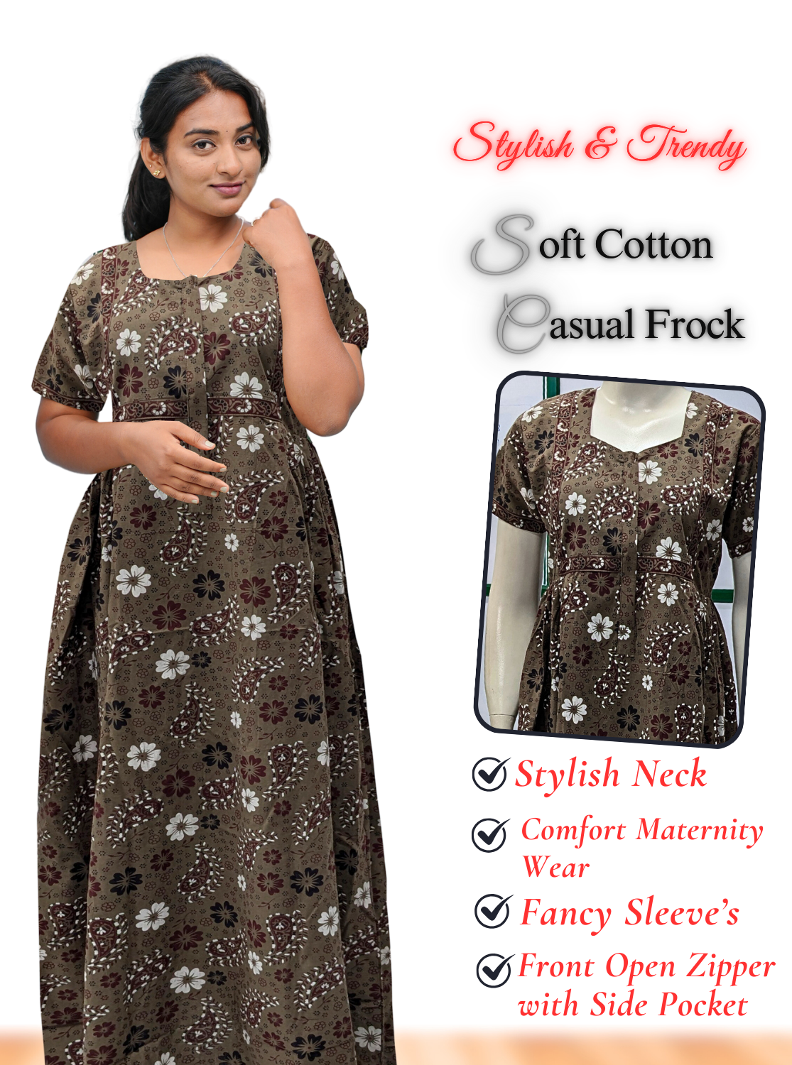 MANGAI Premium Casual Wear Cotton FROCK Model Nighties | Stylish Pleated Frock Style | Multipurpose Nighties | Casual & Pregnancy Wear | Pleated Model | Stylish Nighties for Stylish Women (MW)