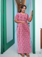 MANGAI New Collection Premium Cotton Embroidery Printed Nighties- All Over Printed Stylish Nightwear for Stylish Women | Trendy Embroidery Neck | Pleated Model (CPL)