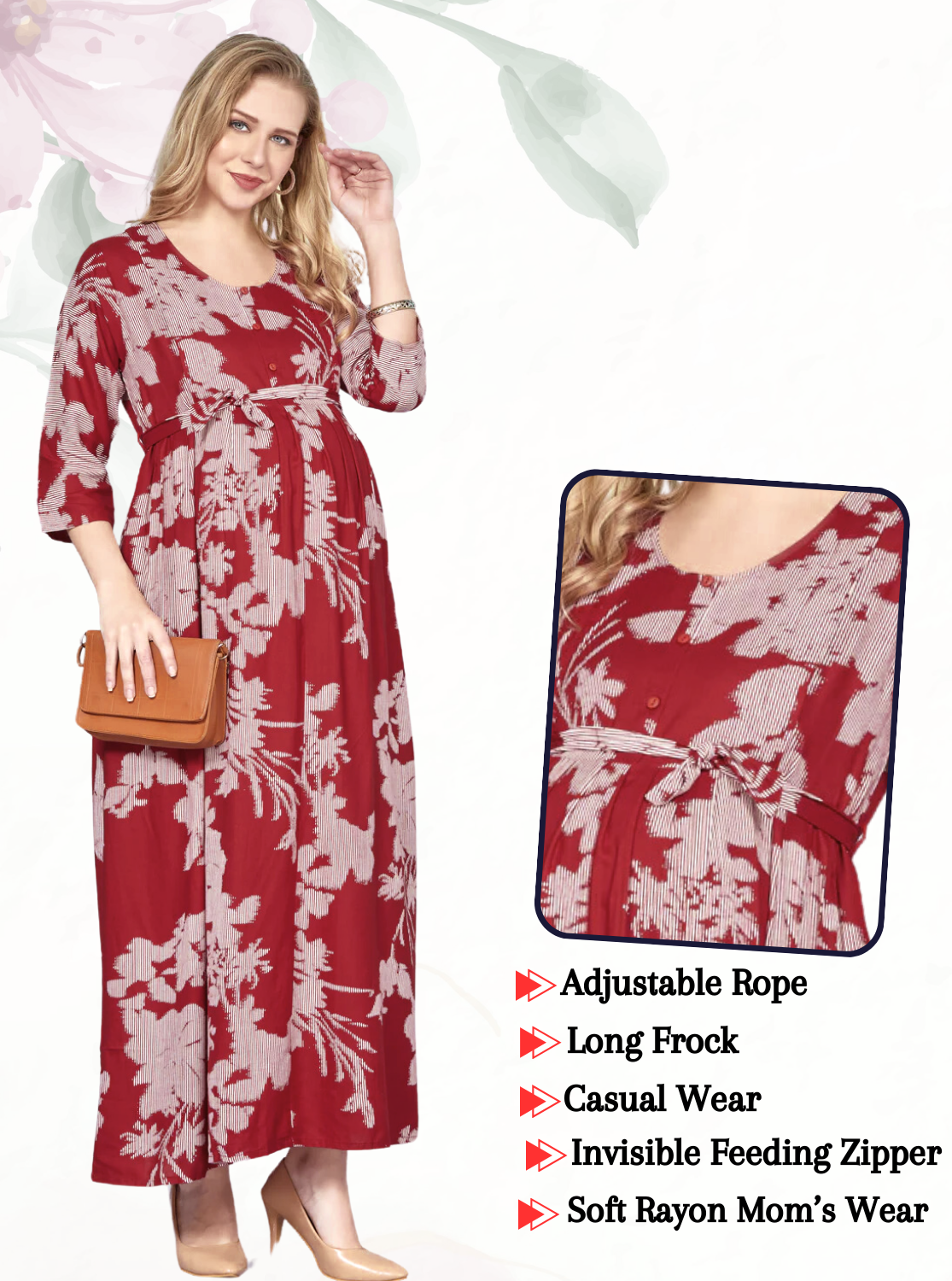 New ArrivalsONLY MINE Premium 4-IN-ONE Mom's Wear - Soft & Smooth Rayon | Maternity | Feeding | Long Frock | Casual Wear for Pregnancy Women's (4-IN-ONE-LFRK)