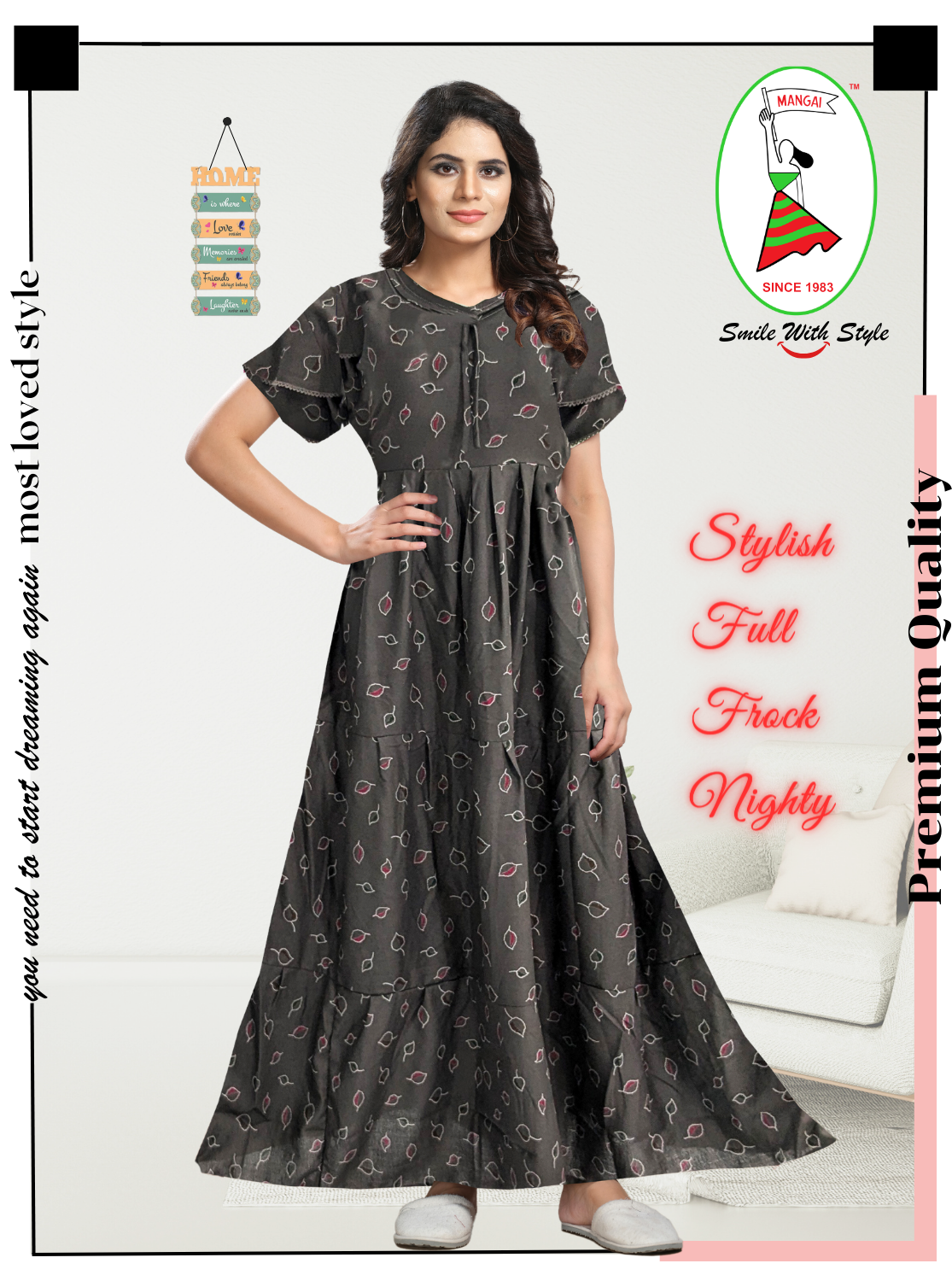 Fresh Arrivals MANGAI Alpine FULL FROCK Model Nighties | Beautiful Stylish Frock Style | Stylish Fancy Sleeves | Side Pocket | Perfect Nightwear Trendy Women's (FRK)