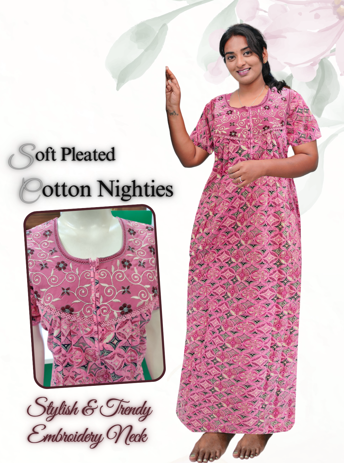 MANGAI New Collection Premium Cotton Embroidery Printed Nighties- All Over Printed Stylish Nightwear for Stylish Women | Trendy Embroidery Neck | Pleated Model (CPL)