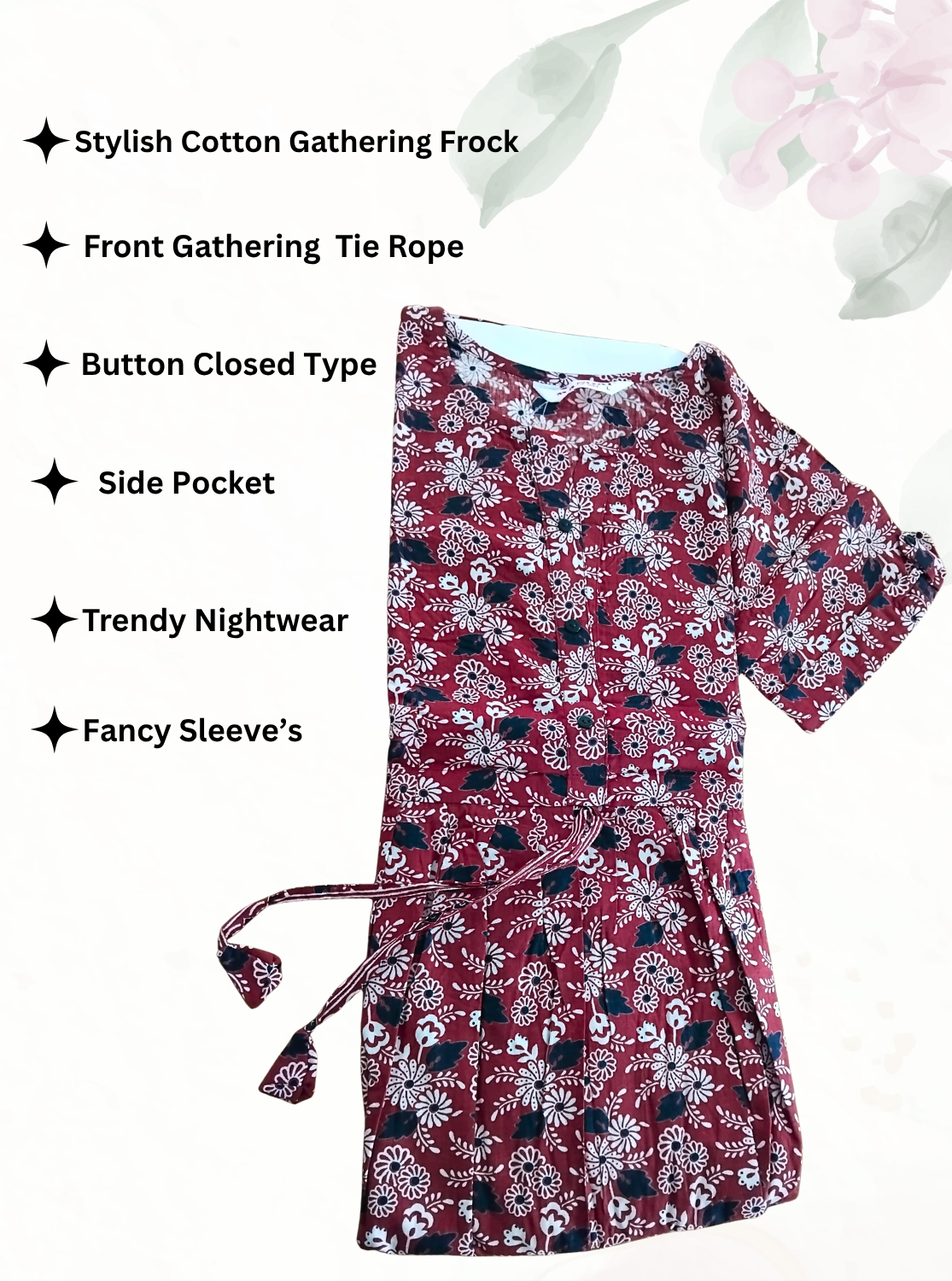 Cotton Gathering Frock for Summer Arrivals | Side Pocket | Button Closed | Elegant Casual Night Wear for Trendy Women's (FKC)