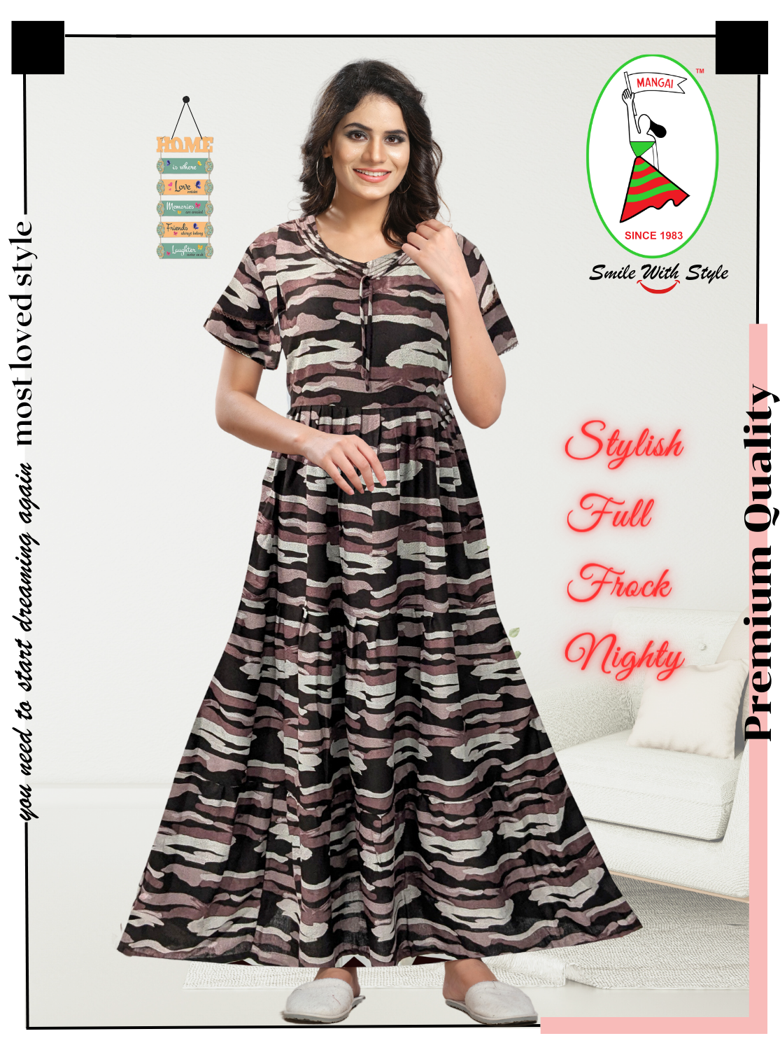 Fresh Arrivals MANGAI Alpine FULL FROCK Model Nighties | Beautiful Stylish Frock Style | Stylish Fancy Sleeves | Side Pocket | Perfect Nightwear Trendy Women's (FRK)