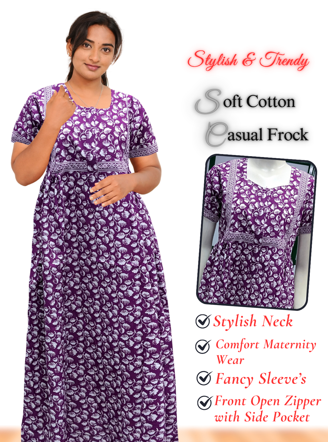 MANGAI Premium Casual Wear Cotton FROCK Model Nighties | Stylish Pleated Frock Style | Multipurpose Nighties | Casual & Pregnancy Wear | Pleated Model | Stylish Nighties for Stylish Women (MW)