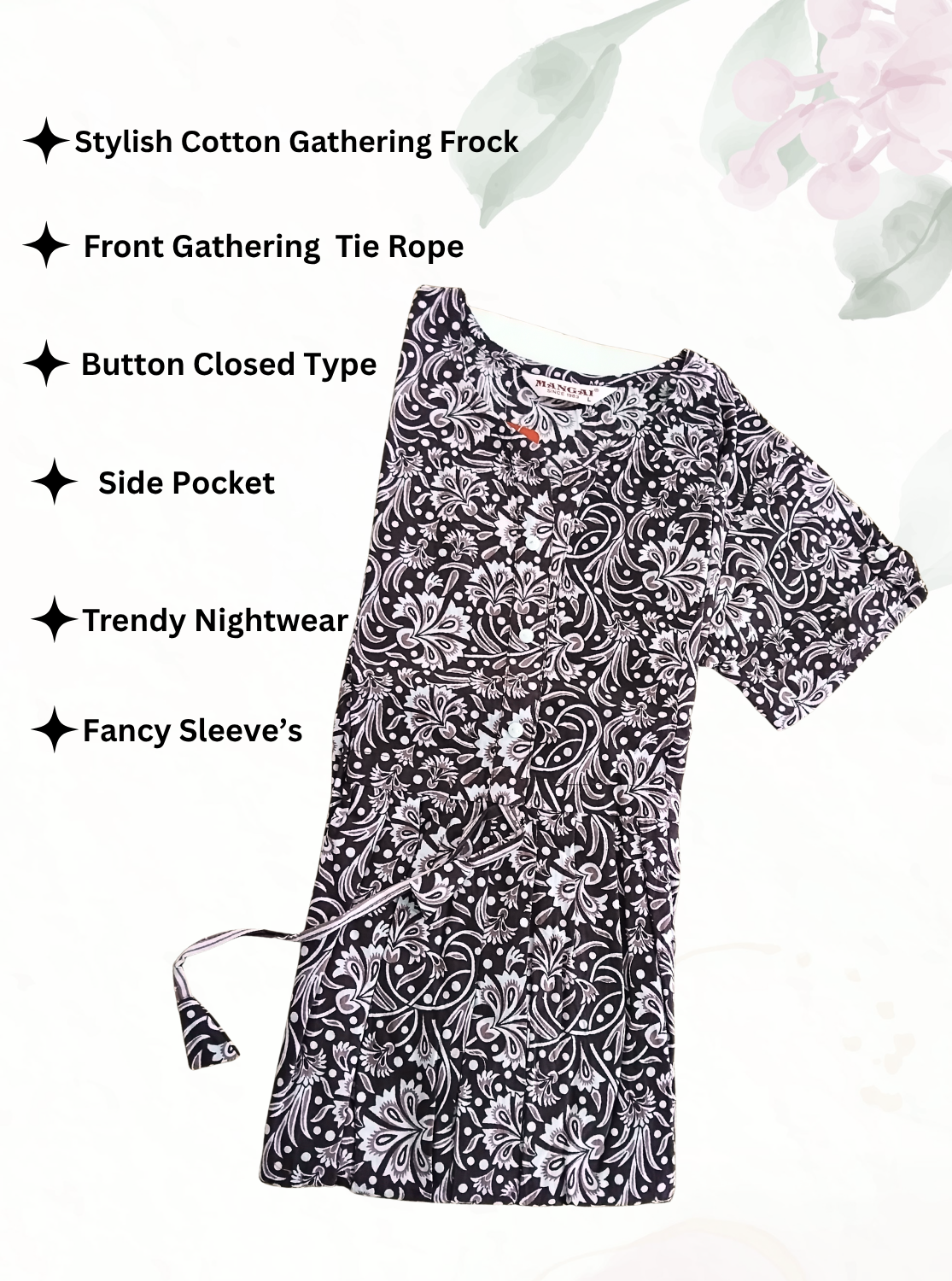 Cotton Gathering Frock for Summer Arrivals | Side Pocket | Button Closed | Elegant Casual Night Wear for Trendy Women's (CFK)