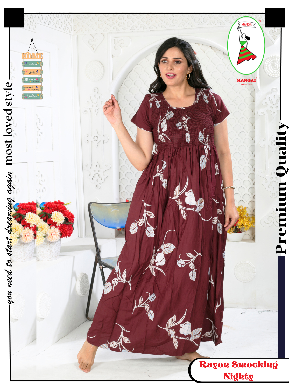 MANGAI Premium RAYON Smocking Nighty | Beautiful Pleated Design | Side Pocket | Stylish Nighty for Trendy Women's | Your Perfect Nightwear Collection's (RYS)