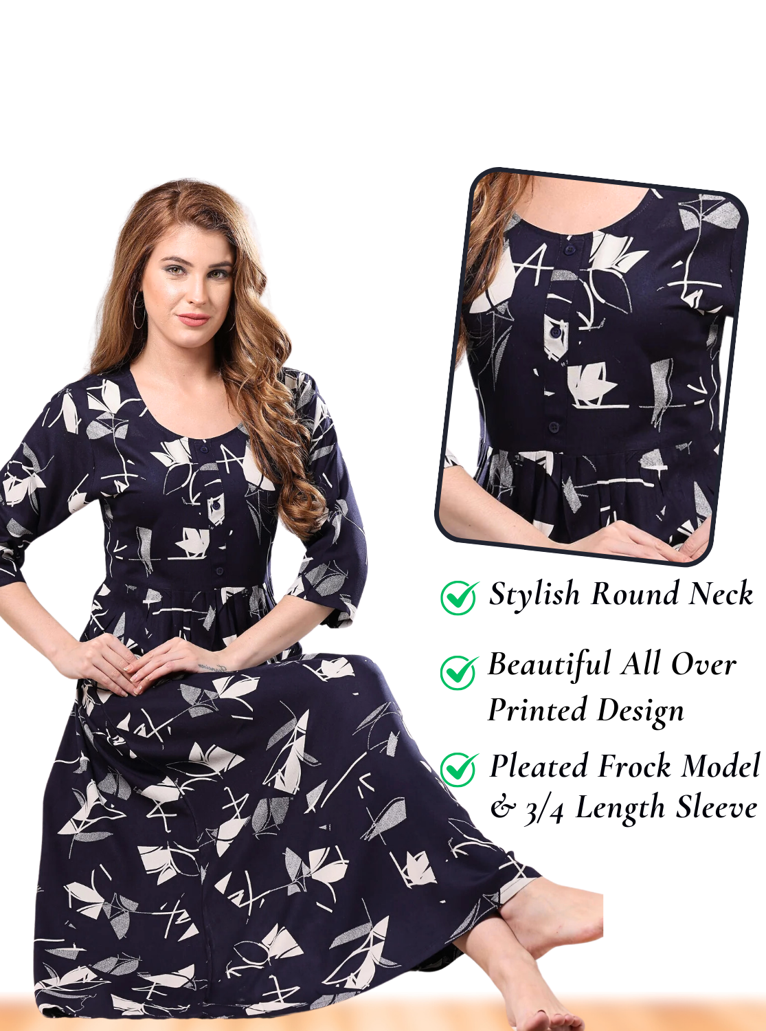 Latest Arrivals ONLY MINE Premium Rayon FROCK Model Pleated Nighties - Style 3/4 Length Sleeve | Soft & Smooth Cloths | Stylish Look | Perfect Nightdress for Trendy Women's (RCP)