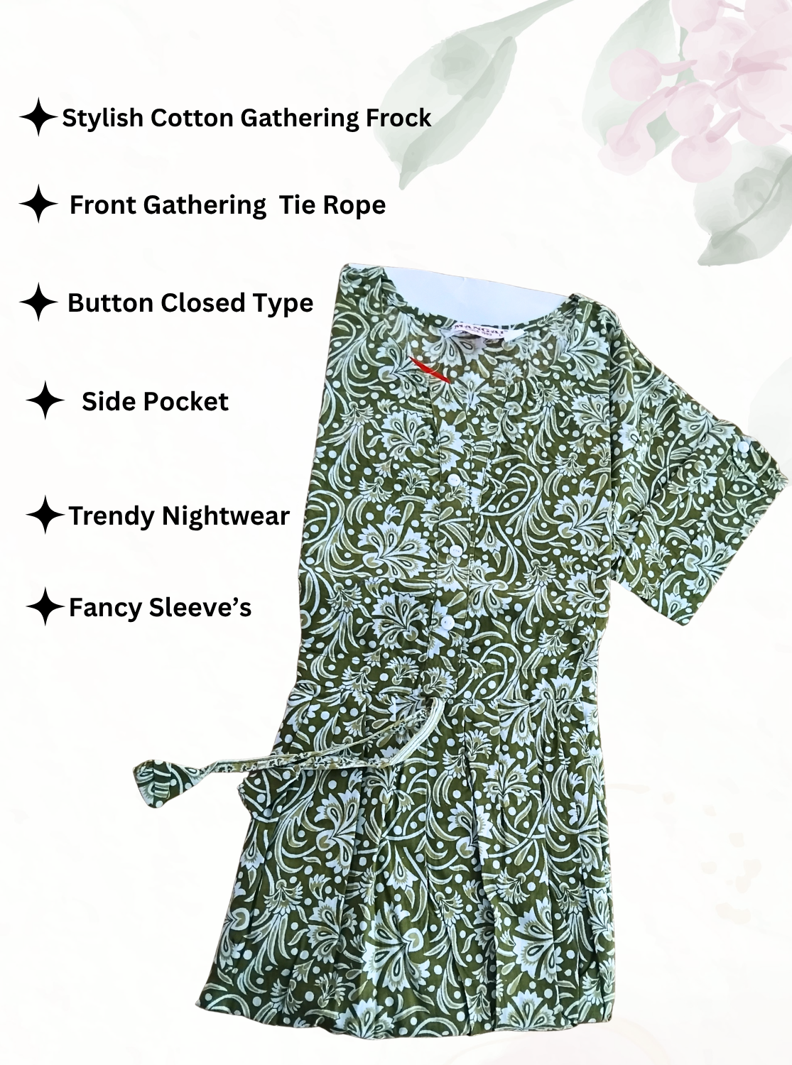Cotton Gathering Frock for Summer Arrivals | Side Pocket | Button Closed | Elegant Casual Night Wear for Trendy Women's (CFK)