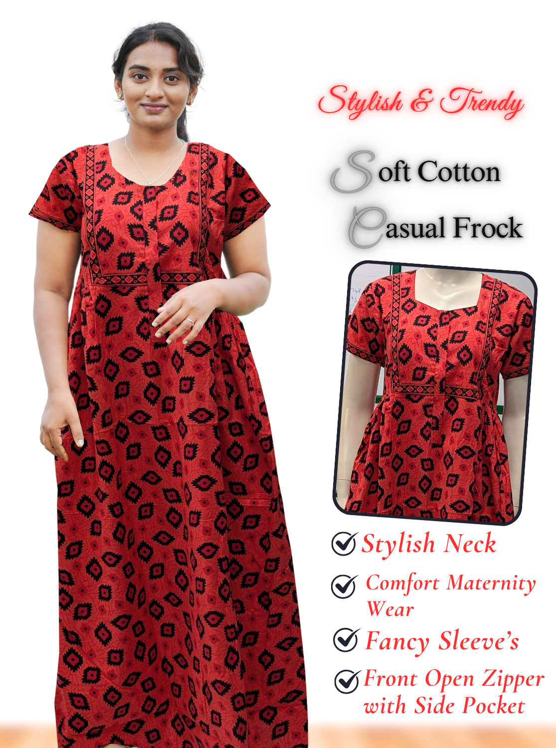 MANGAI Premium Casual Wear Cotton FROCK Model Nighties | Stylish Pleated Frock Style | Multipurpose Nighties | Casual & Pregnancy Wear | Pleated Model | Stylish Nighties for Stylish Women (MW)