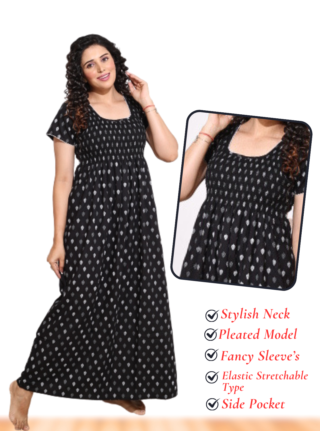 ONLY MINE Premium Smokey Nighty | Stretchable Elastic Type | Beautiful Pleated Model | Side Pocket | Stylish Nighty for Stylish Women's (OM-RAH)