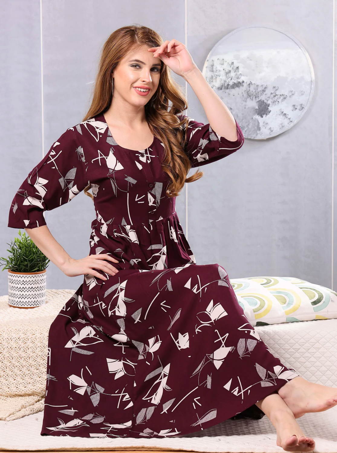 Latest Arrivals ONLY MINE Premium Rayon FROCK Model Pleated Nighties - Style 3/4 Length Sleeve | Soft & Smooth Cloths | Stylish Look | Perfect Nightdress for Trendy Women's (RCP)