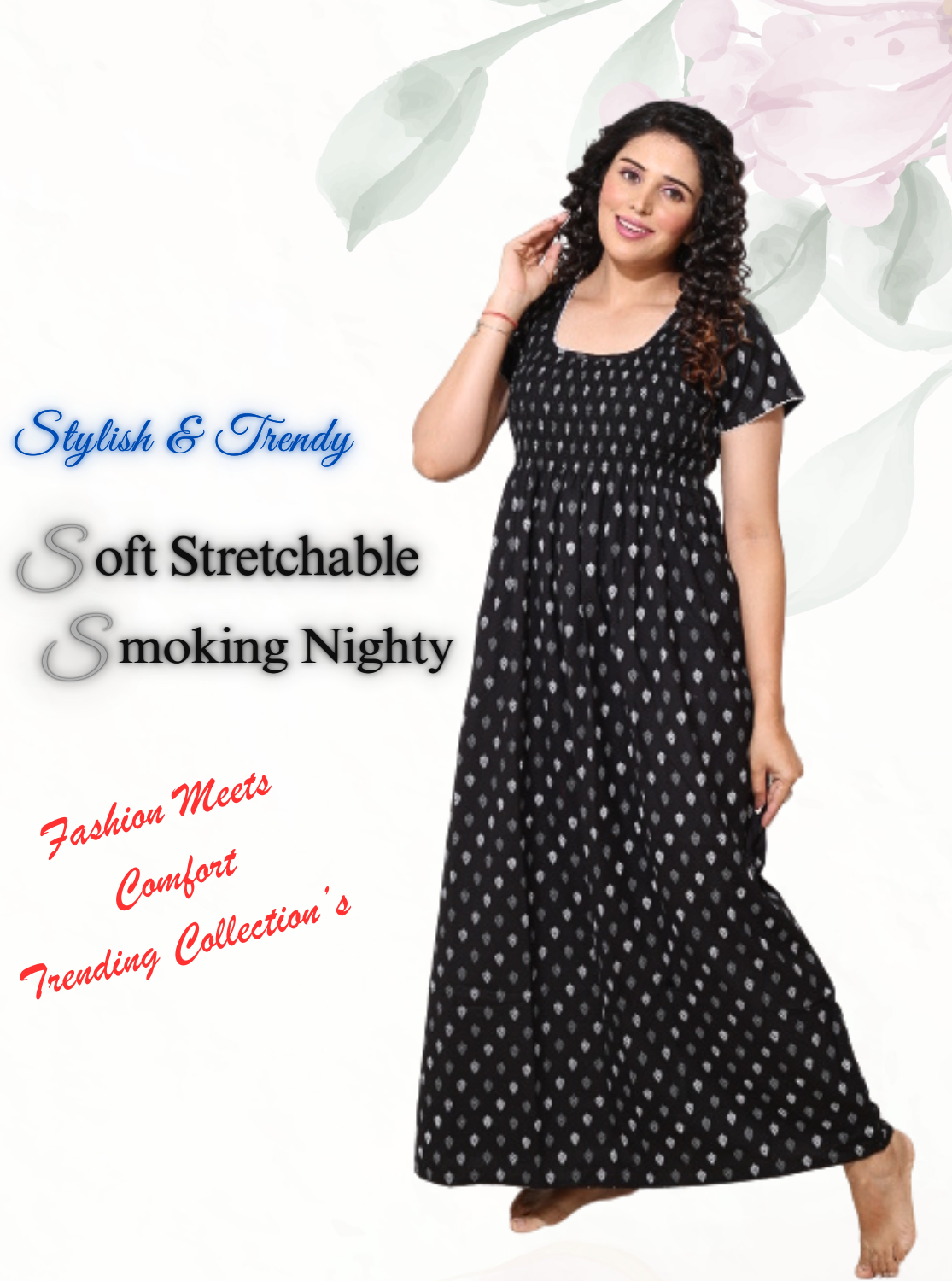 ONLY MINE Premium Smokey Nighty | Stretchable Elastic Type | Beautiful Pleated Model | Side Pocket | Stylish Nighty for Stylish Women's (OM-RAH)