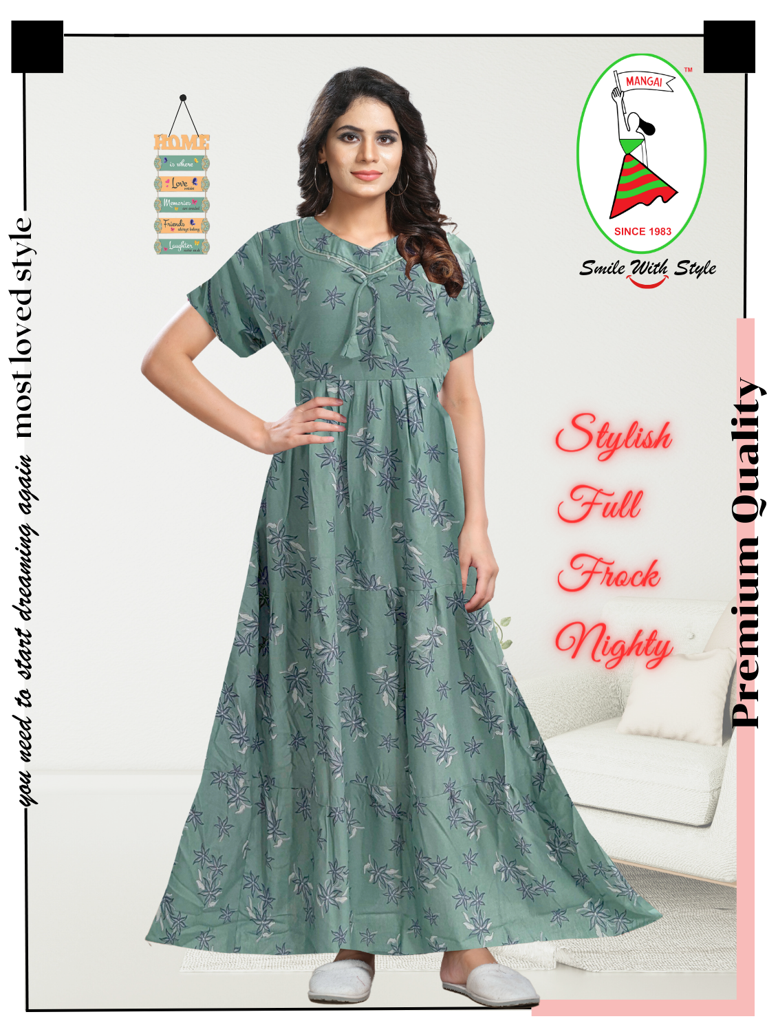 Fresh Arrivals MANGAI Alpine FULL FROCK Model Nighties | Beautiful Stylish Frock Style | Stylish Fancy Sleeves | Side Pocket | Perfect Nightwear Trendy Women's (FRK)