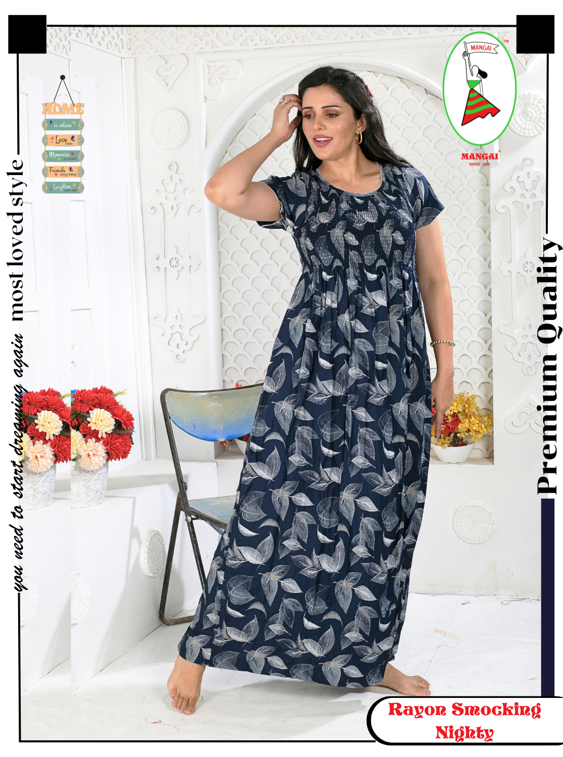 MANGAI Premium RAYON Smocking Nighty | Beautiful Pleated Design | Side Pocket | Stylish Nighty for Trendy Women's | Your Perfect Nightwear Collection's (RYS)