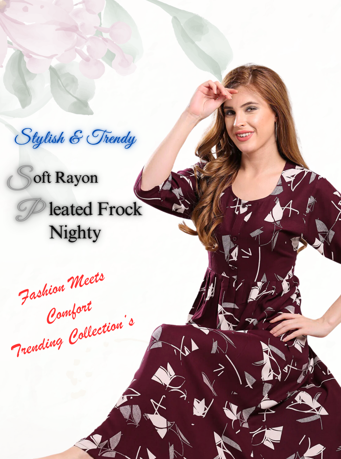 Latest Arrivals ONLY MINE Premium Rayon FROCK Model Pleated Nighties - Style 3/4 Length Sleeve | Soft & Smooth Cloths | Stylish Look | Perfect Nightdress for Trendy Women's (RCP)