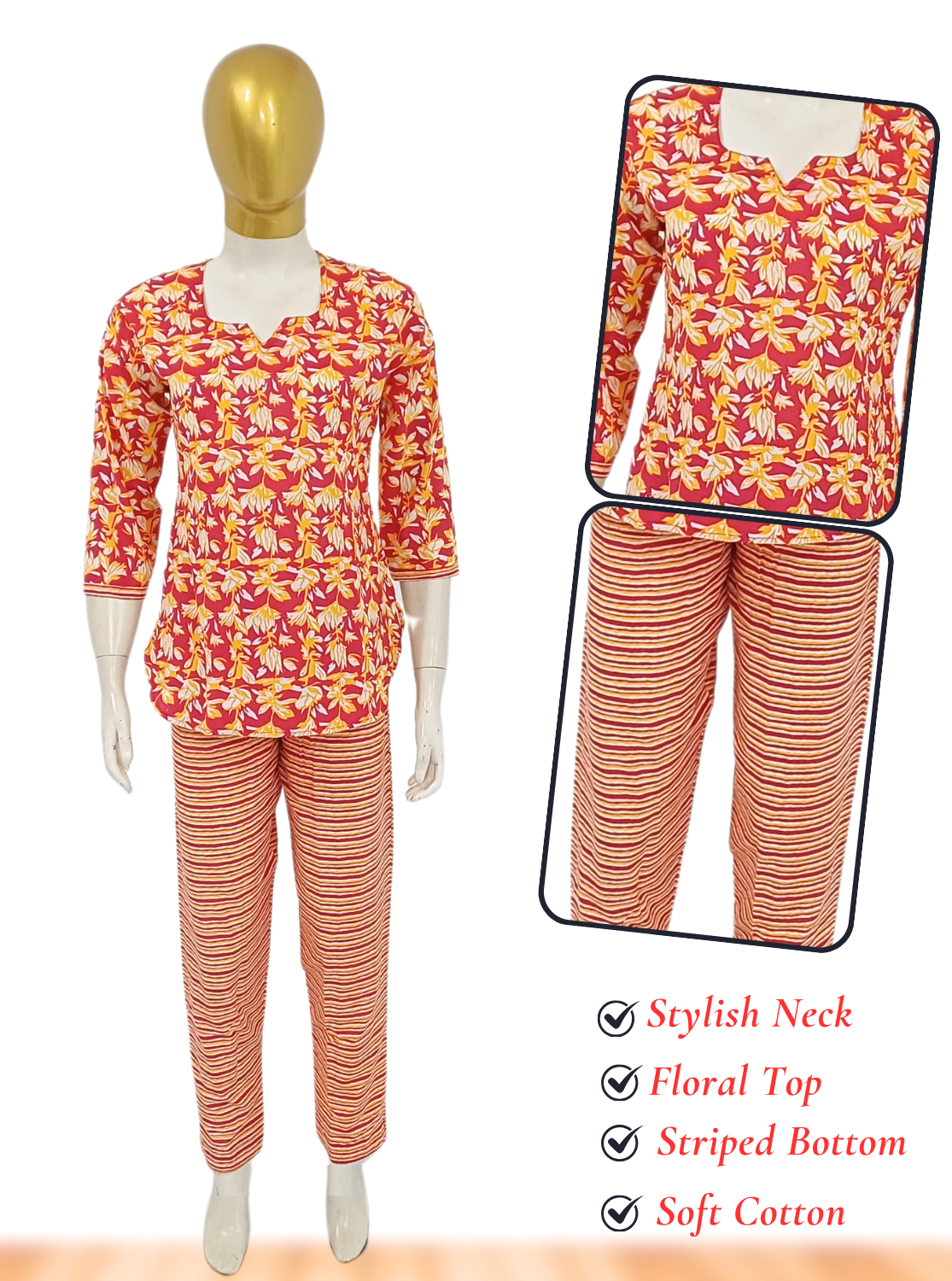 MANGAI Premium Cotton Printed Cambric Night Suits | Stylish Print's All Over | Top & Bottom Set | 3/4 Sleeve | Trendy Night Suits for Stylish Women's (CMNS)