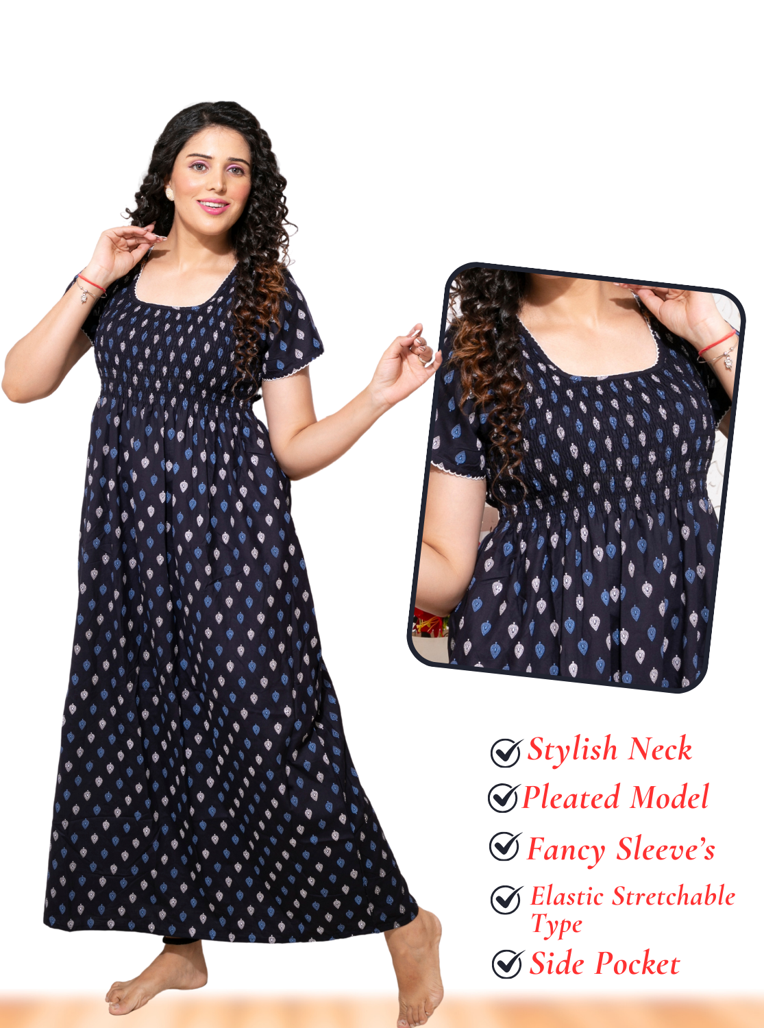 ONLY MINE Premium Smokey Nighty | Stretchable Elastic Type | Beautiful Pleated Model | Side Pocket | Stylish Nighty for Stylish Women's (OM-RAH)