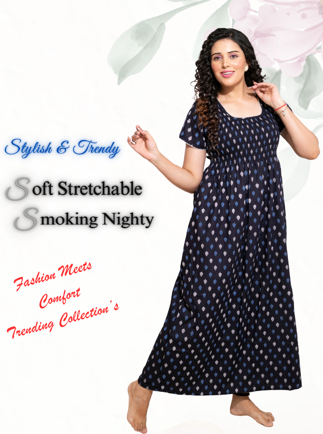 ONLY MINE Premium Smokey Nighty | Stretchable Elastic Type | Beautiful Pleated Model | Side Pocket | Stylish Nighty for Stylish Women's (OM-RAH)