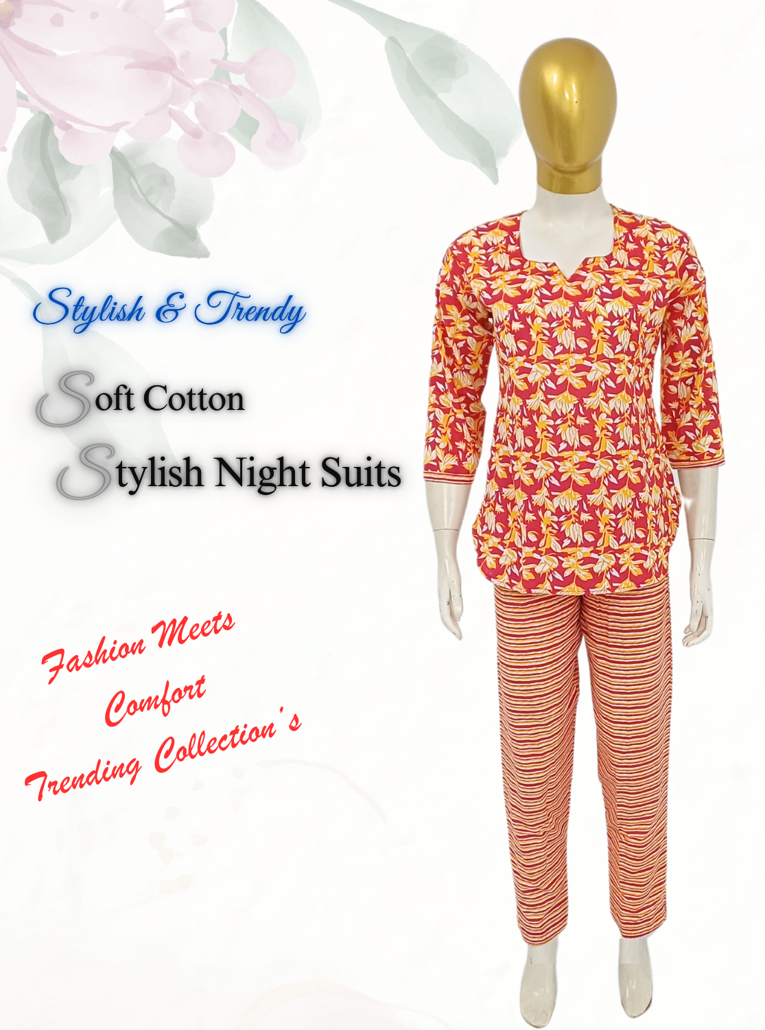 MANGAI Premium Cotton Printed Cambric Night Suits | Stylish Print's All Over | Top & Bottom Set | 3/4 Sleeve | Trendy Night Suits for Stylish Women's (CMNS)