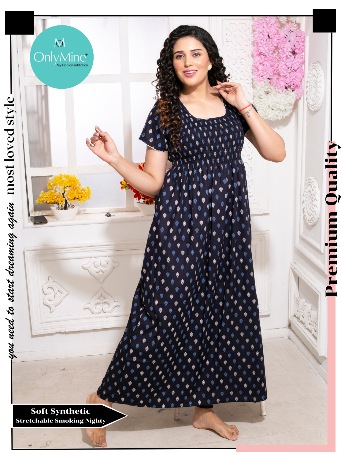 ONLY MINE Premium Smokey Nighty | Stretchable Elastic Type | Beautiful Pleated Model | Side Pocket | Stylish Nighty for Stylish Women's (OM-RAH)