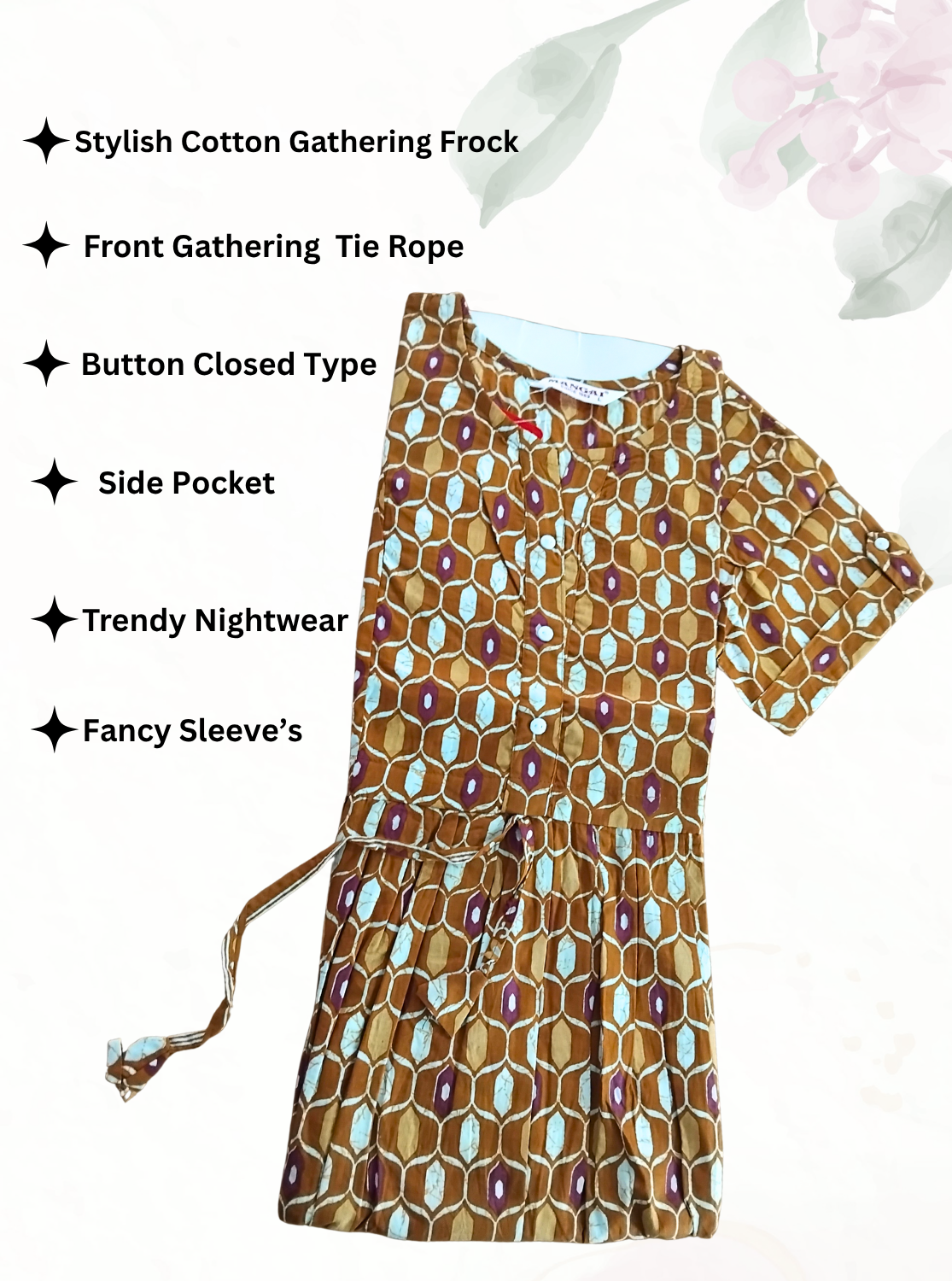 Cotton Gathering Frock for Summer Arrivals | Side Pocket | Button Closed | Elegant Casual Night Wear for Trendy Women's (CFK)