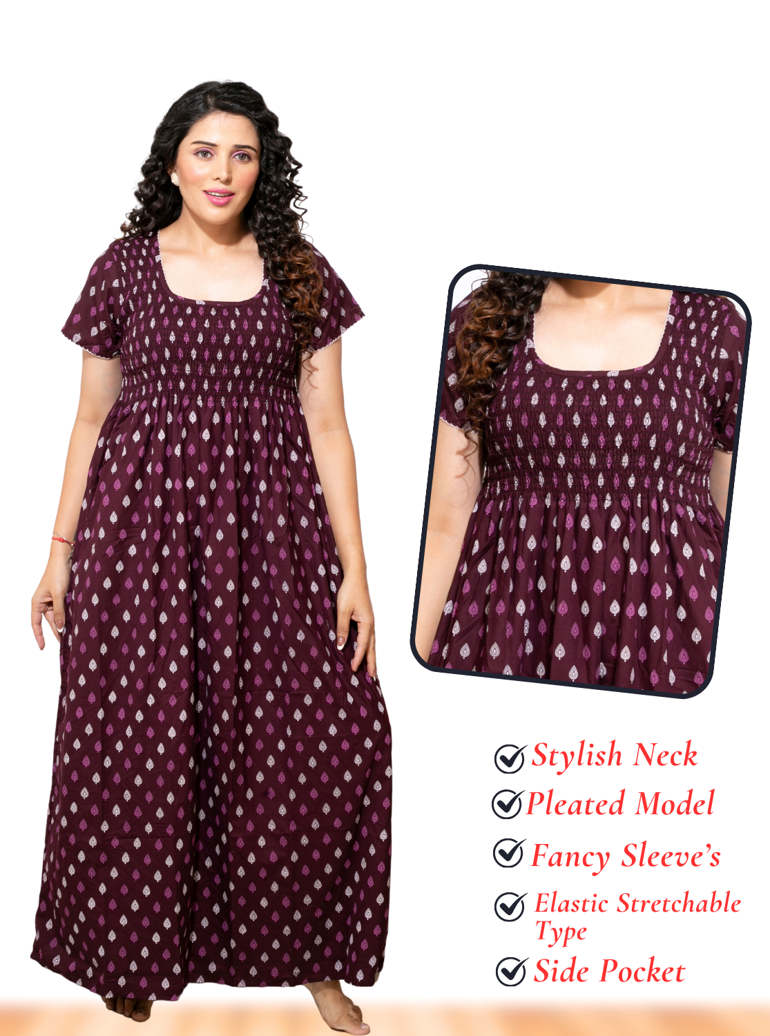 ONLY MINE Premium Smokey Nighty | Stretchable Elastic Type | Beautiful Pleated Model | Side Pocket | Stylish Nighty for Stylish Women's (OM-RAH)