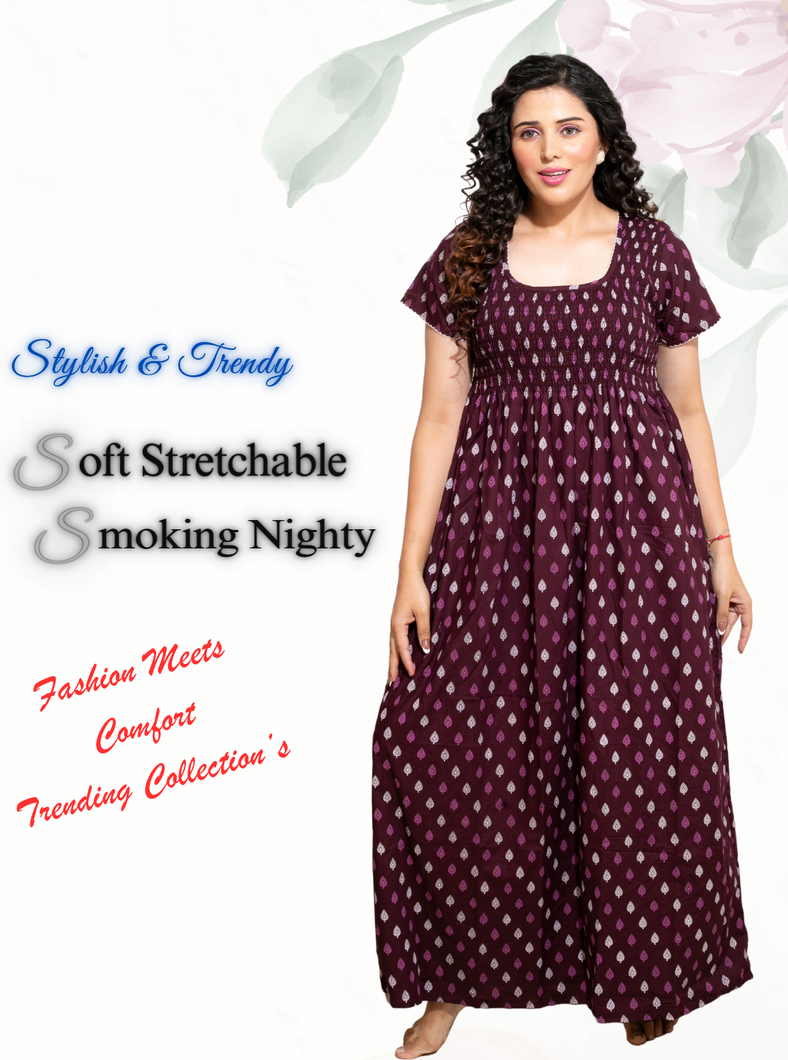 ONLY MINE Premium Smokey Nighty | Stretchable Elastic Type | Beautiful Pleated Model | Side Pocket | Stylish Nighty for Stylish Women's (OM-RAH)