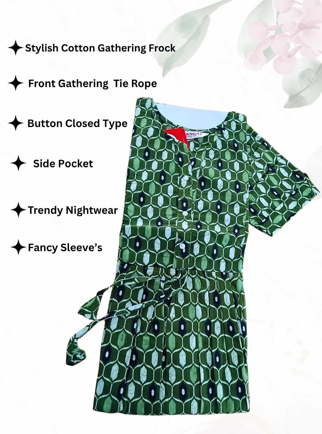 Cotton Gathering Frock for Summer Arrivals | Side Pocket | Button Closed | Elegant Casual Night Wear for Trendy Women's (CFK)