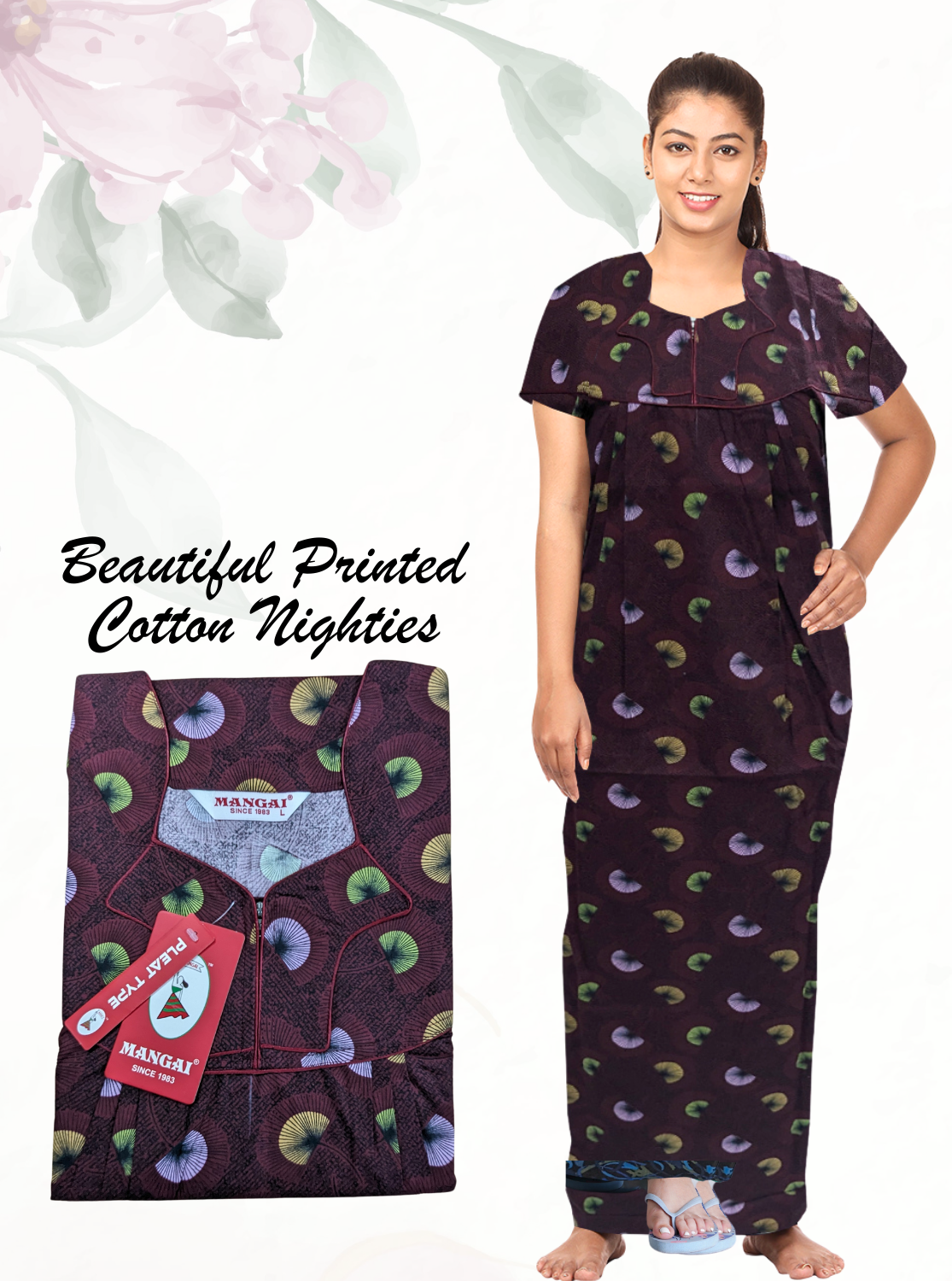New MANGAI Cotton Printed PLEATED Model Nighties - Fancy Neck | With Side Pocket |Shrinkage Free Nighties | Trendy Collection's for Trendy Women's